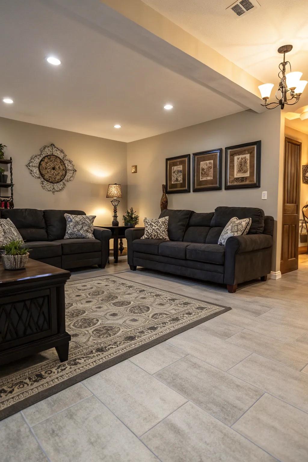 A stylish living room featuring dark accents and light grey flooring.