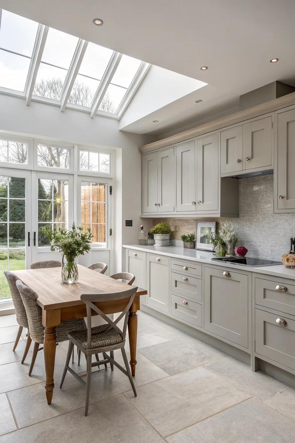 Unobstructed layouts enhance the breezy atmosphere of light grey cabinets.