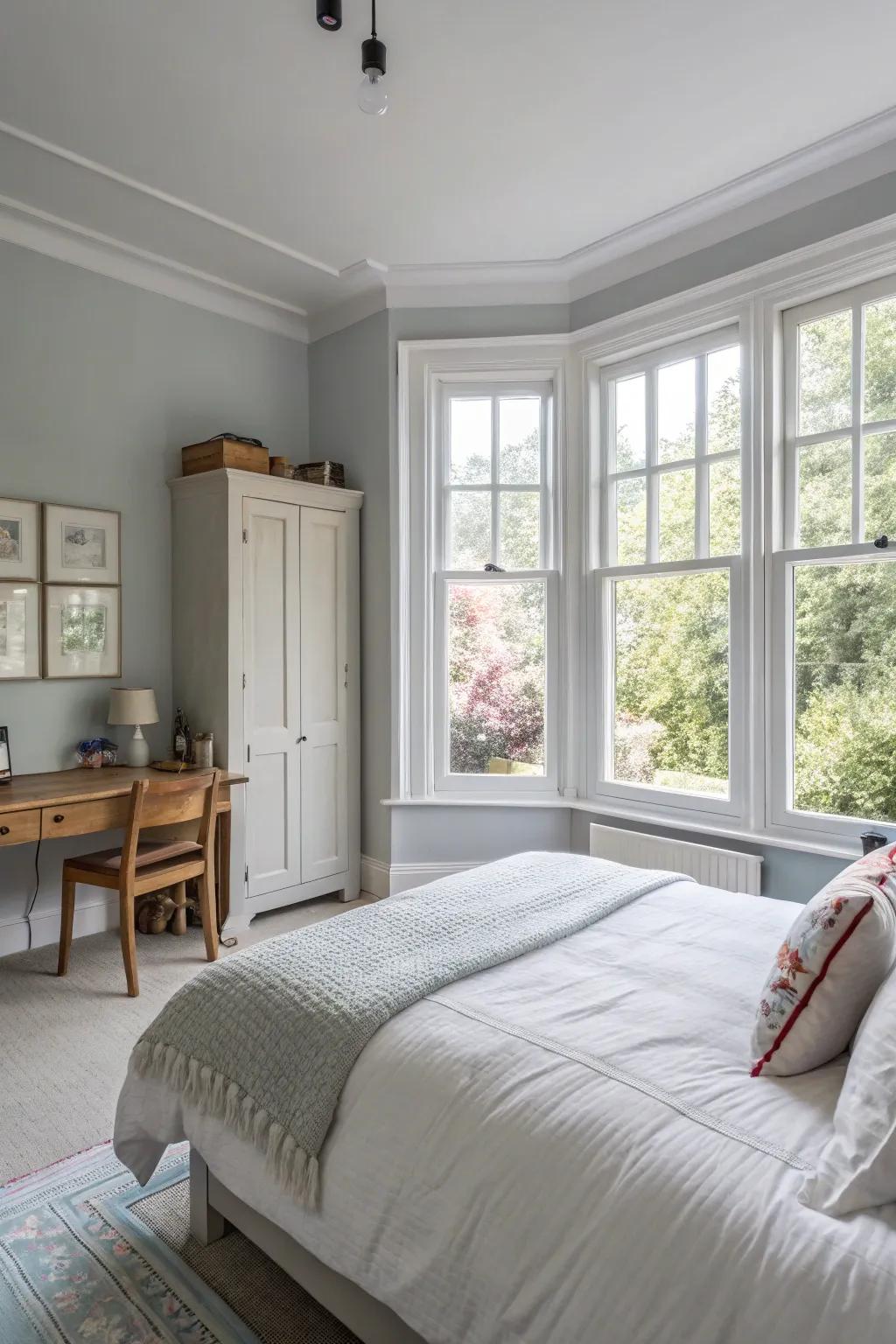 Natural light accentuates the softness of light grey walls.