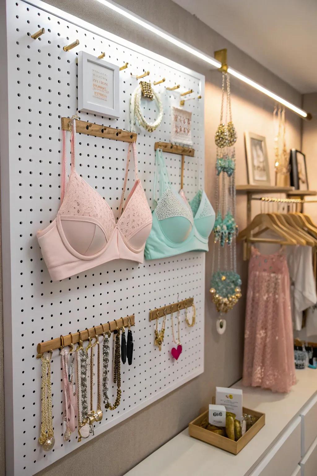 A pegboard wall delivers an inventive means to arrange and showcase your lingerie.
