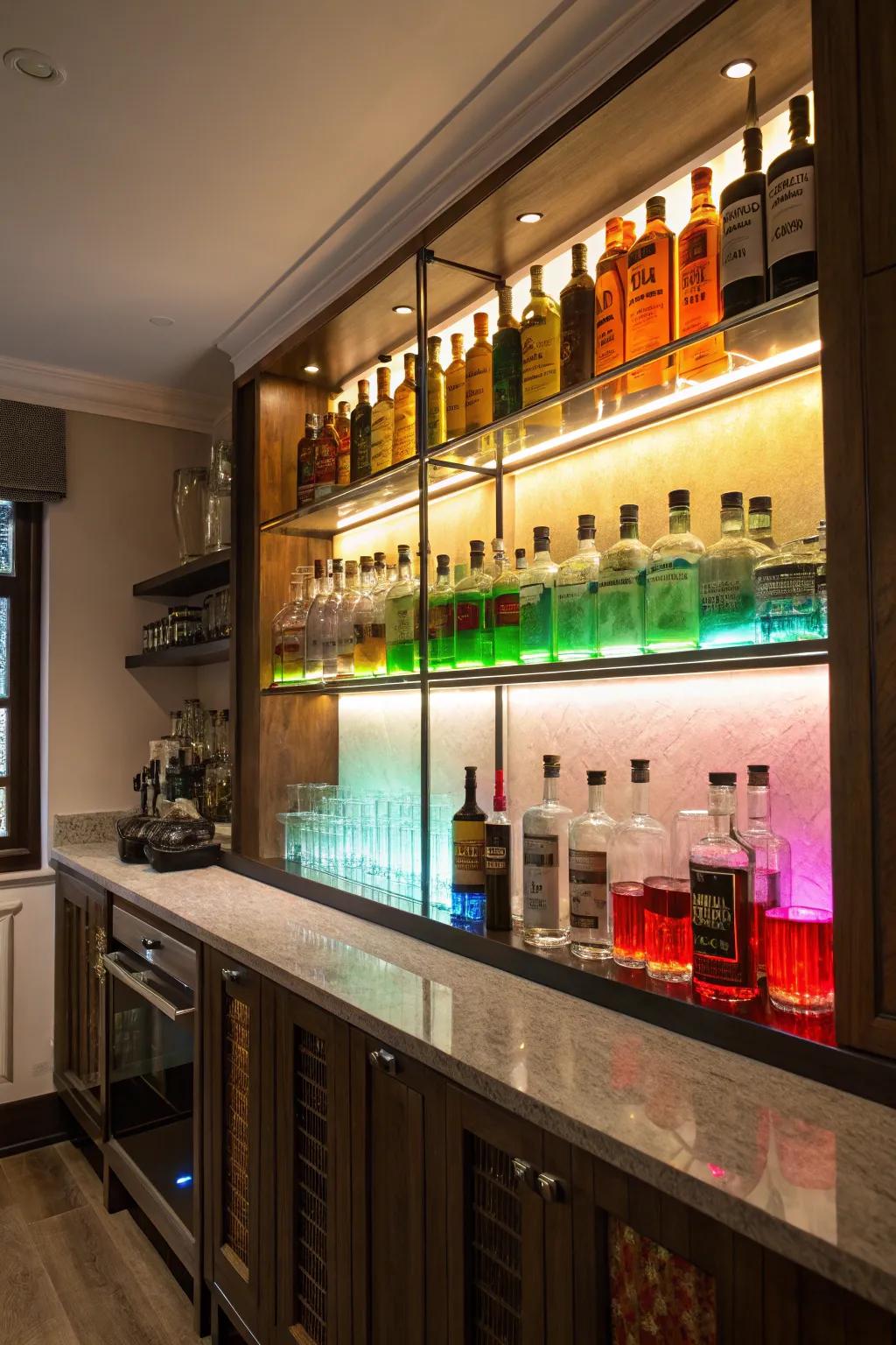 Dramatic display with backlit liquor shelves.