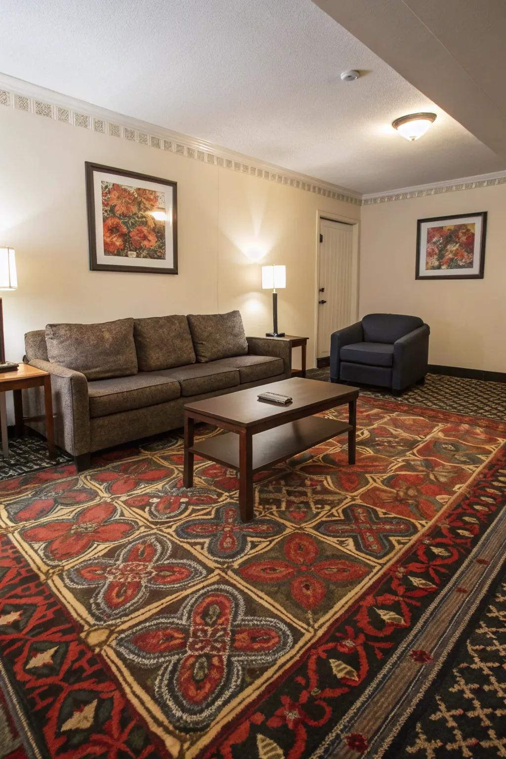 A striking carpet can function as an appealing focal point.