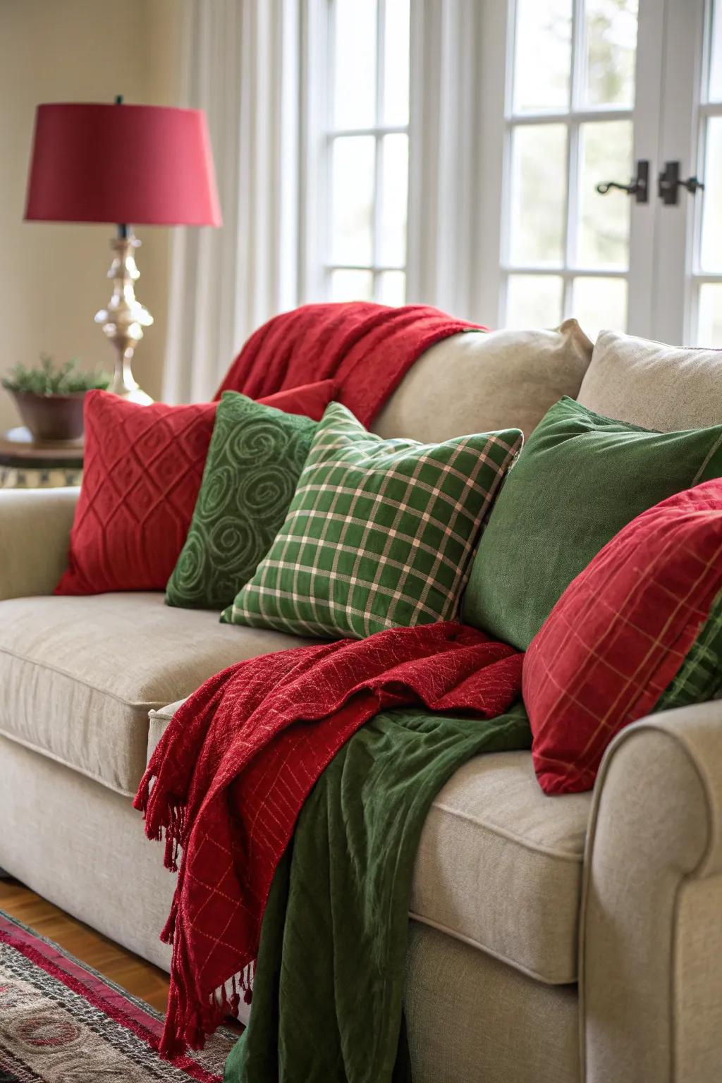Snug textiles in celebratory colors craft a welcoming and comforting atmosphere.