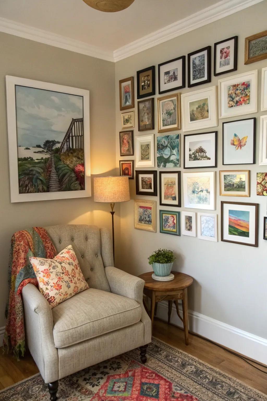 An artistic gallery wall can serve as an impressive focal point in a living room corner.