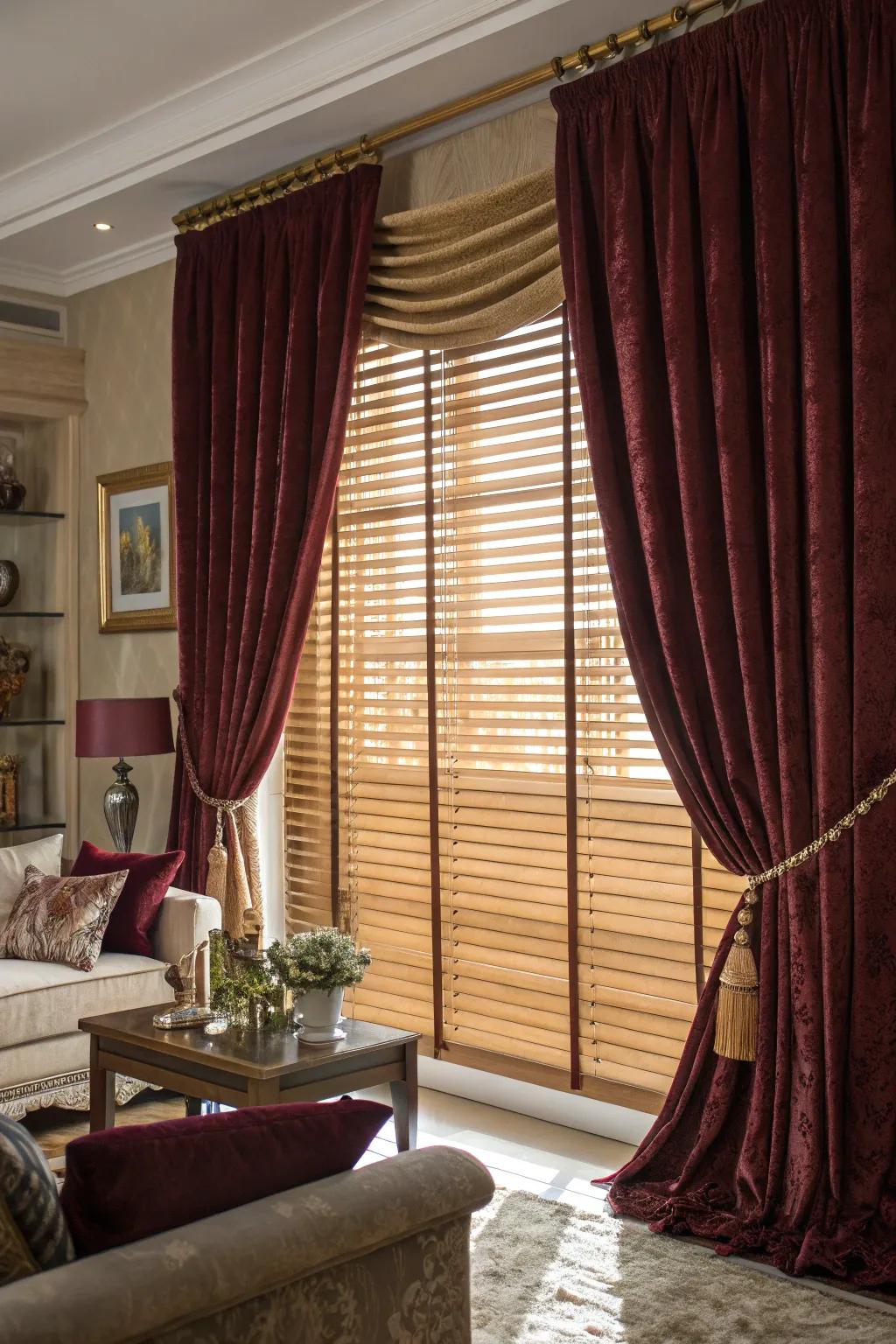 Plush curtains and timber shades evoke a lavish atmosphere.