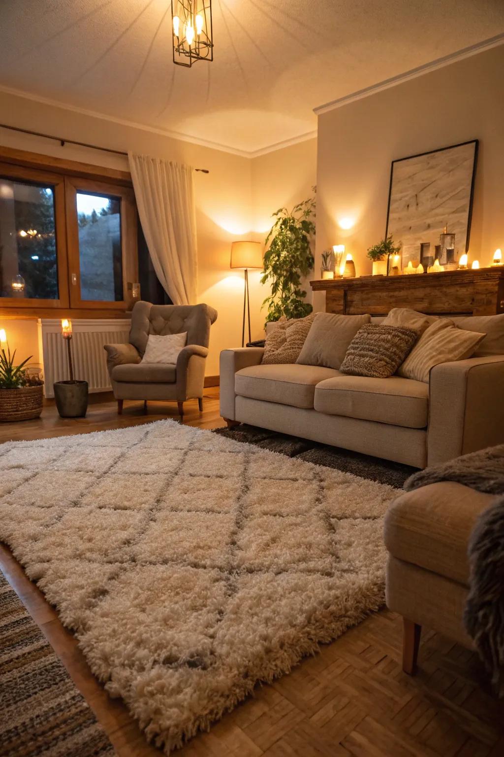 Textured fluffy rugs provide comfort and warmth to any living area.