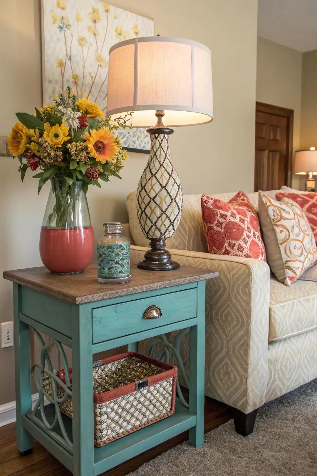 A table that harmonizes in color blends perfectly with the living room&rsquo;s palette.