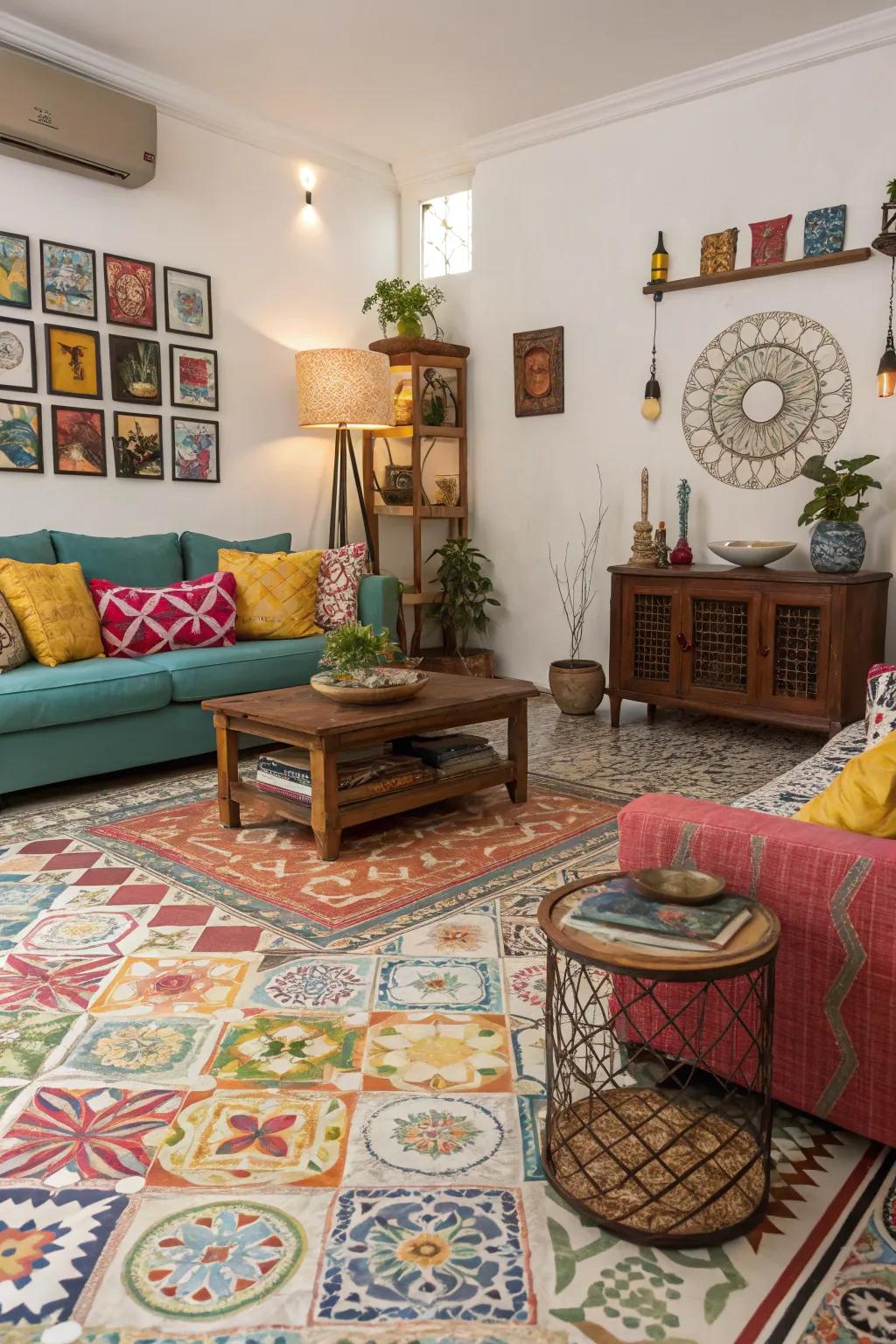 Lively family room showcasing vibrant patterned tiles.