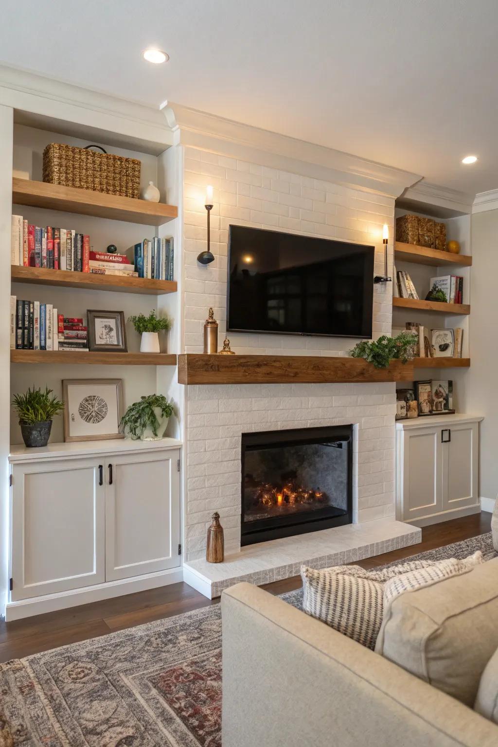 Wall shelves present chances for storage and decoration.
