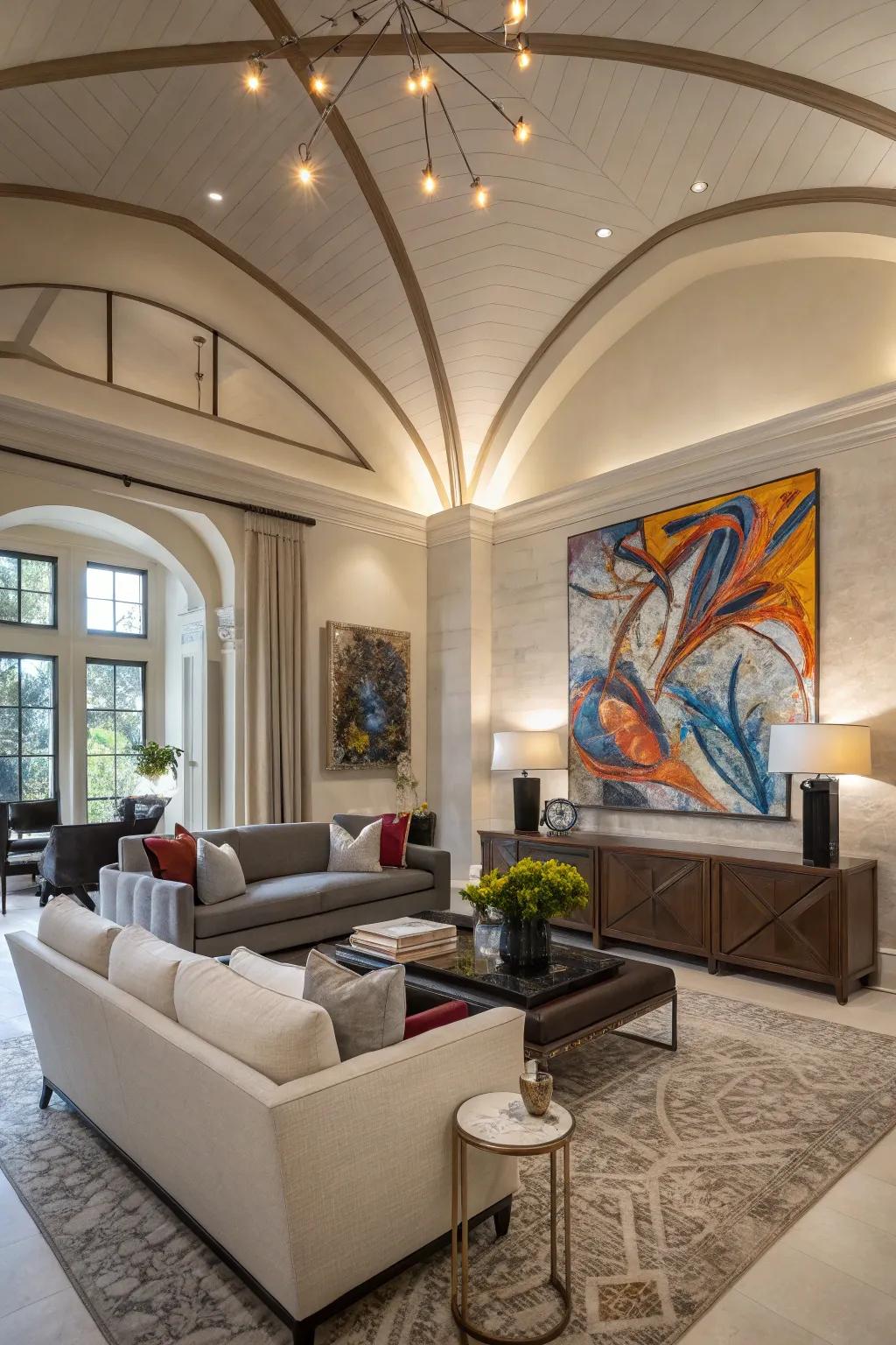 Large-scale decor draws the eye upwards in a space with a high ceiling.