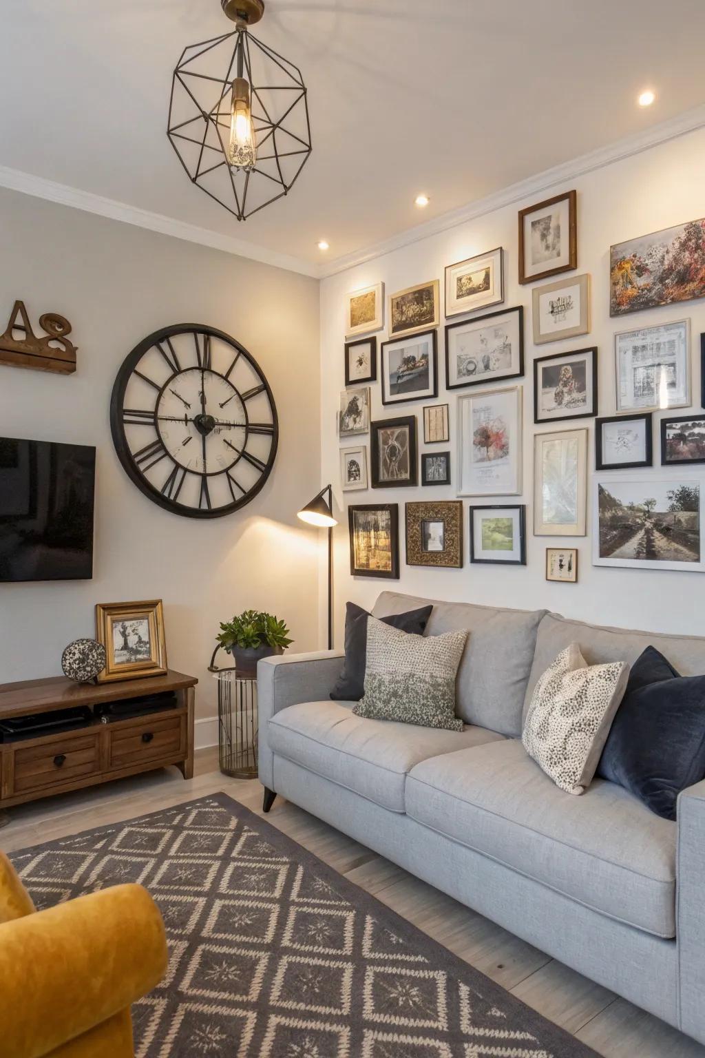 A gallery wall featuring a wall clock becomes a captivating artistic centerpiece.