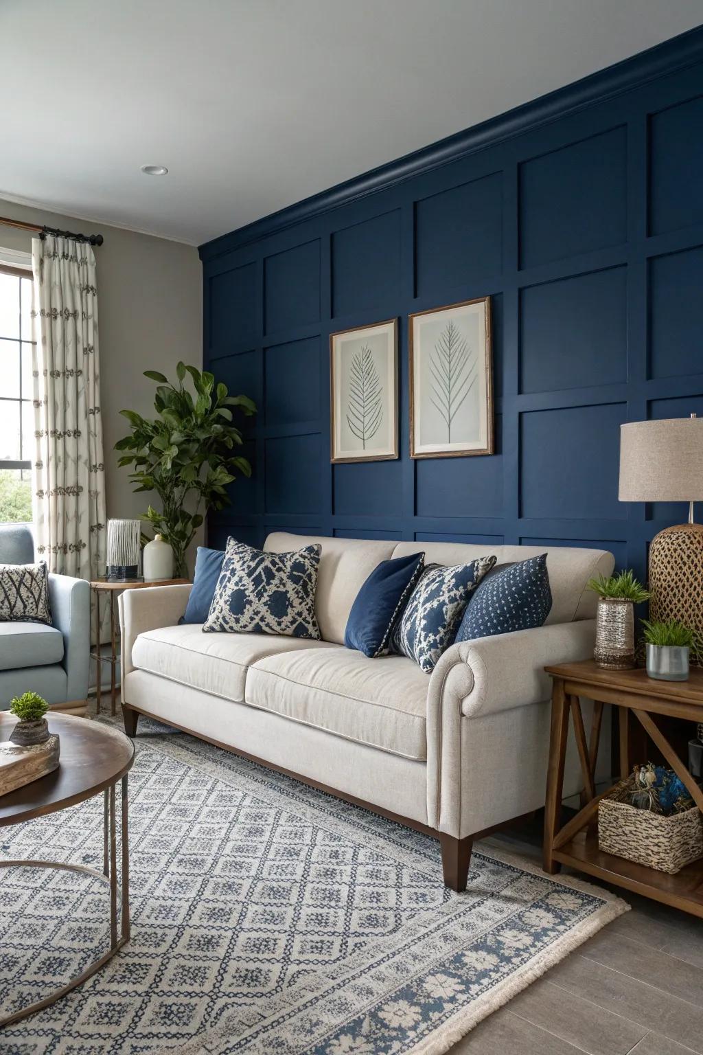 A striking navy blue accent wall adding depth to the living room.