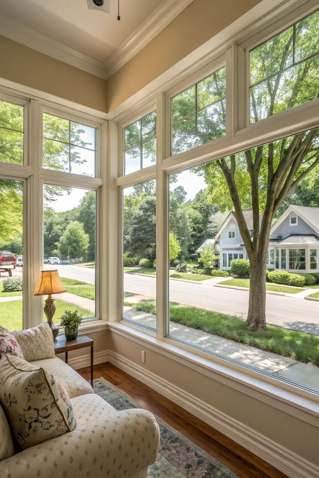 A living space with hinged windows that invite a refreshing breeze and ample natural illumination.