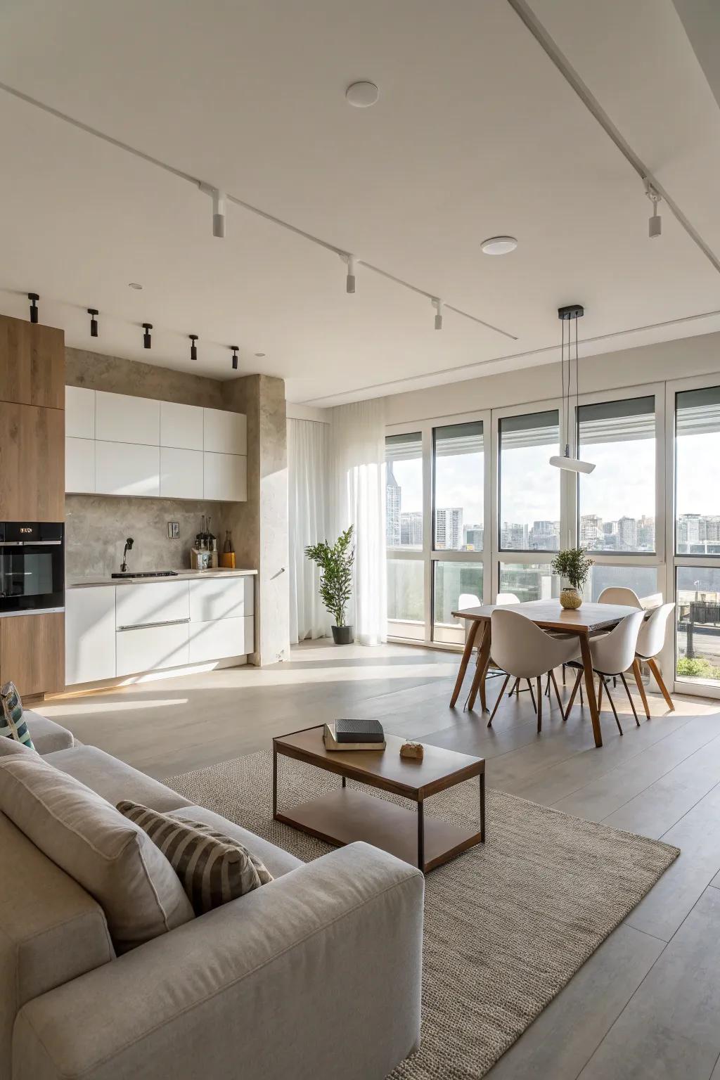 A minimalist living space and cooking area showcasing an understated color scheme.