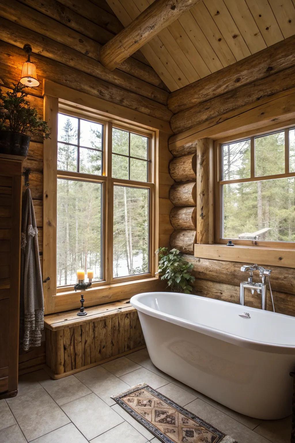 A log cabin bathroom with a large window and freestanding tub.