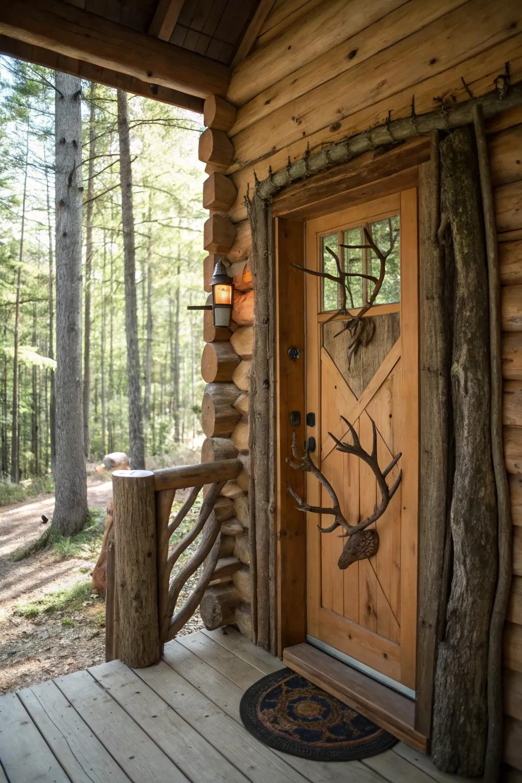 A log cabin doorway with shed antlers and limbs as part of the blueprint.