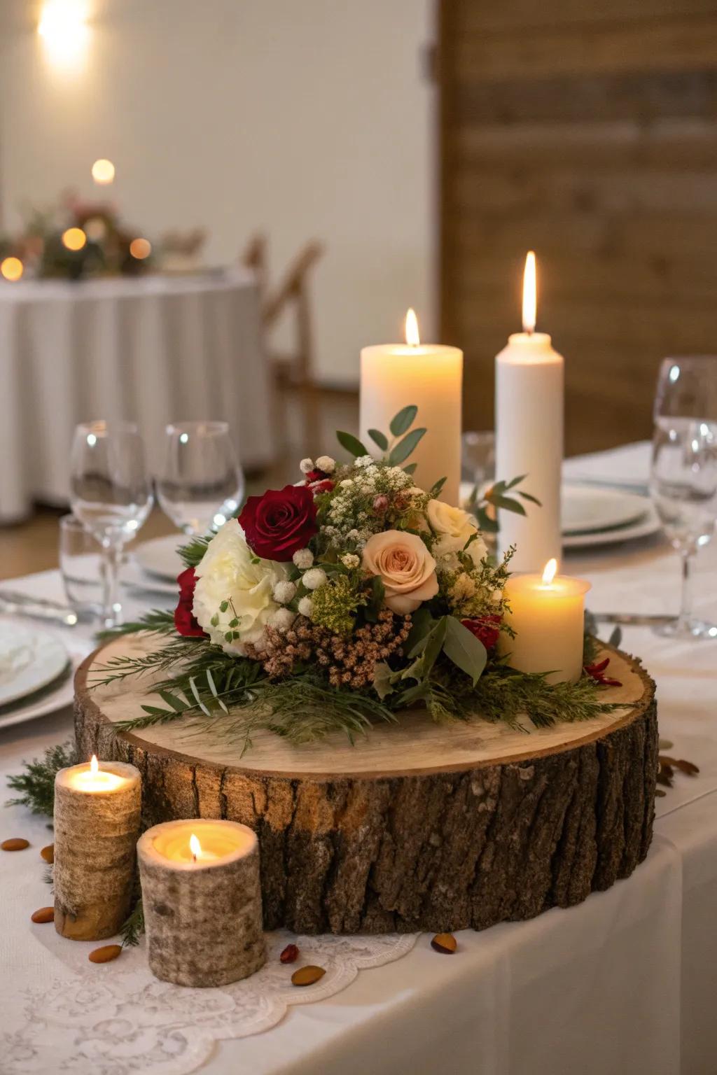 A dining table showcasing a country-style log centerpiece.