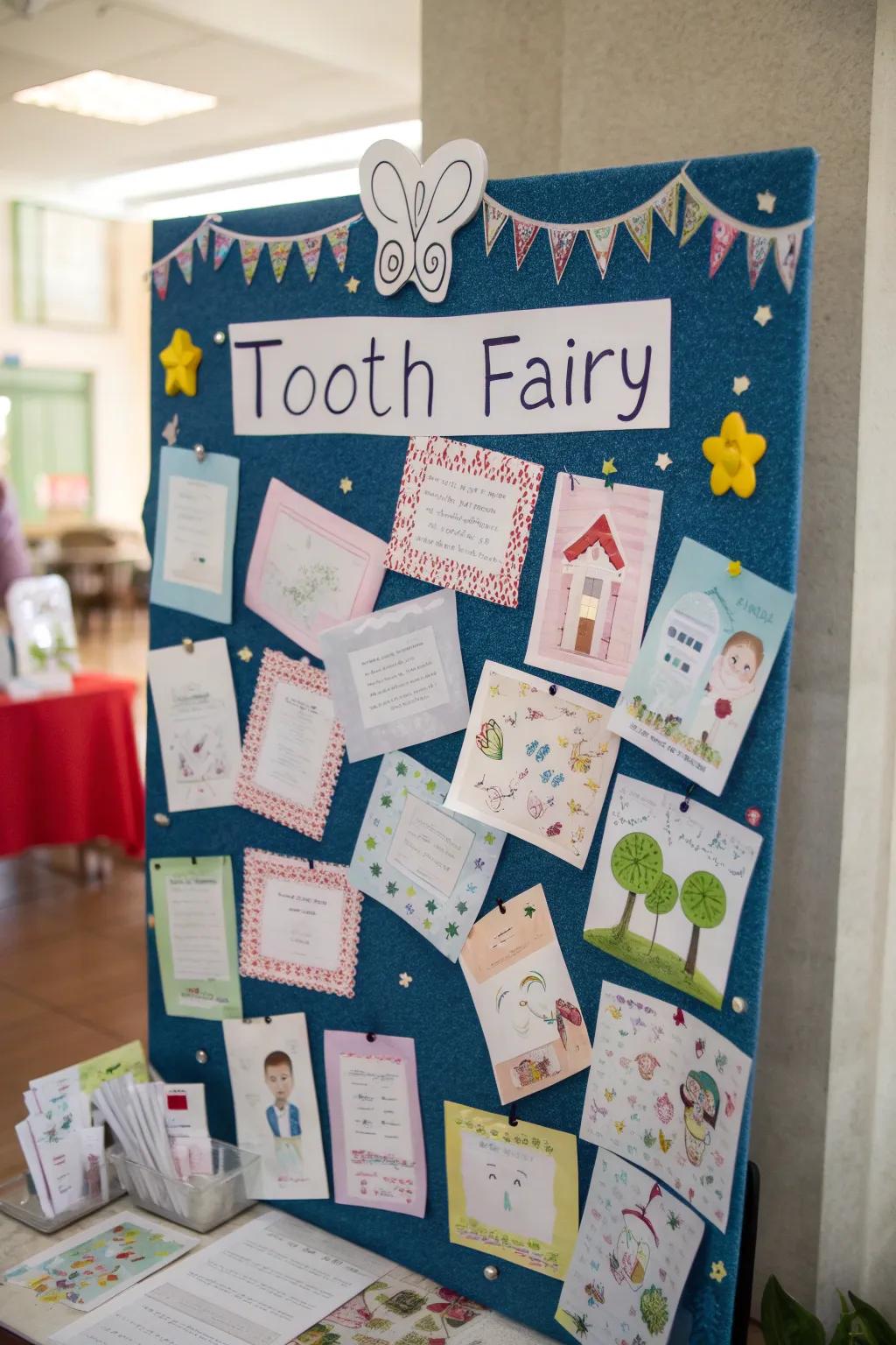 An enchanting bulletin board displaying postcards sent to the Tooth Fairy.