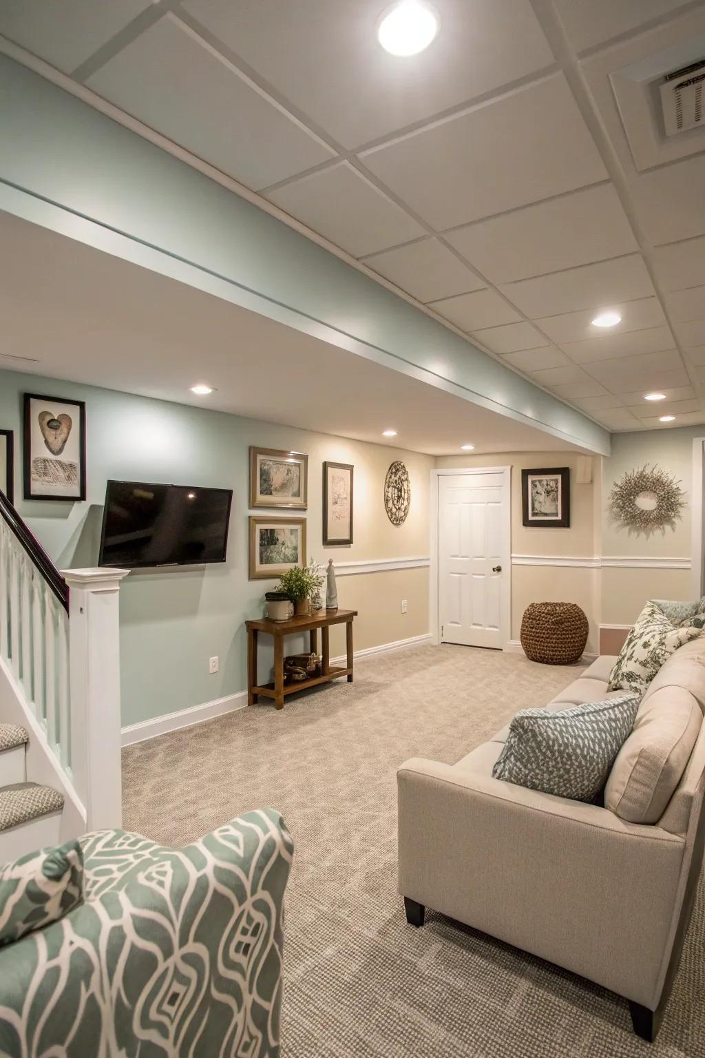Light shades help make the basement seem more sizable and inviting.