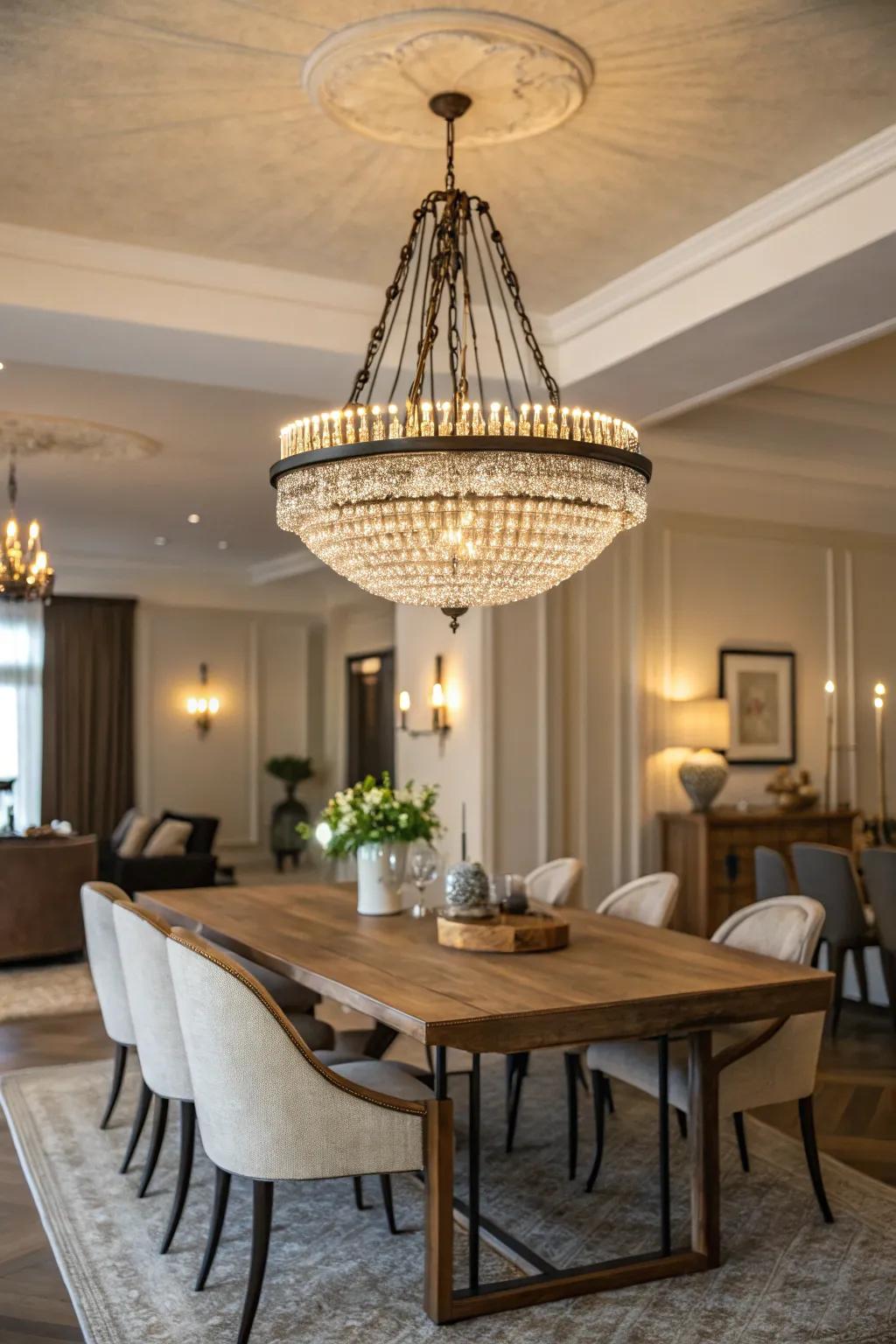 Refined low-profile chandelier in a dining space.