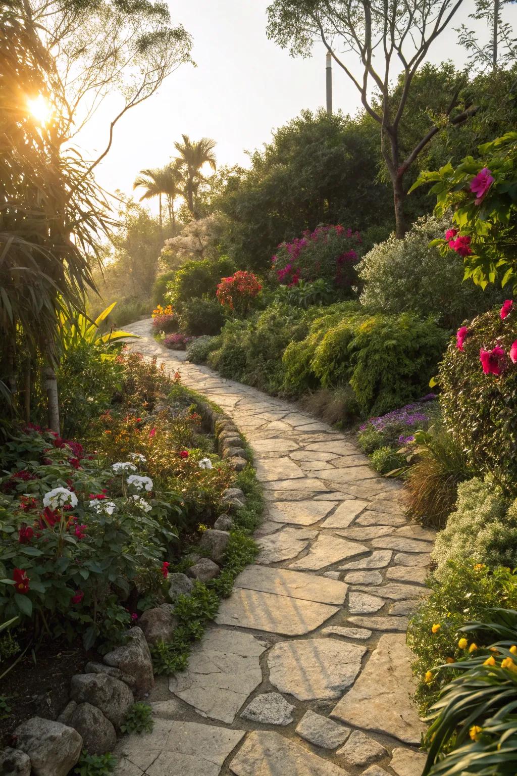 An inviting stone pathway that elevates garden aesthetics with very little maintenance.