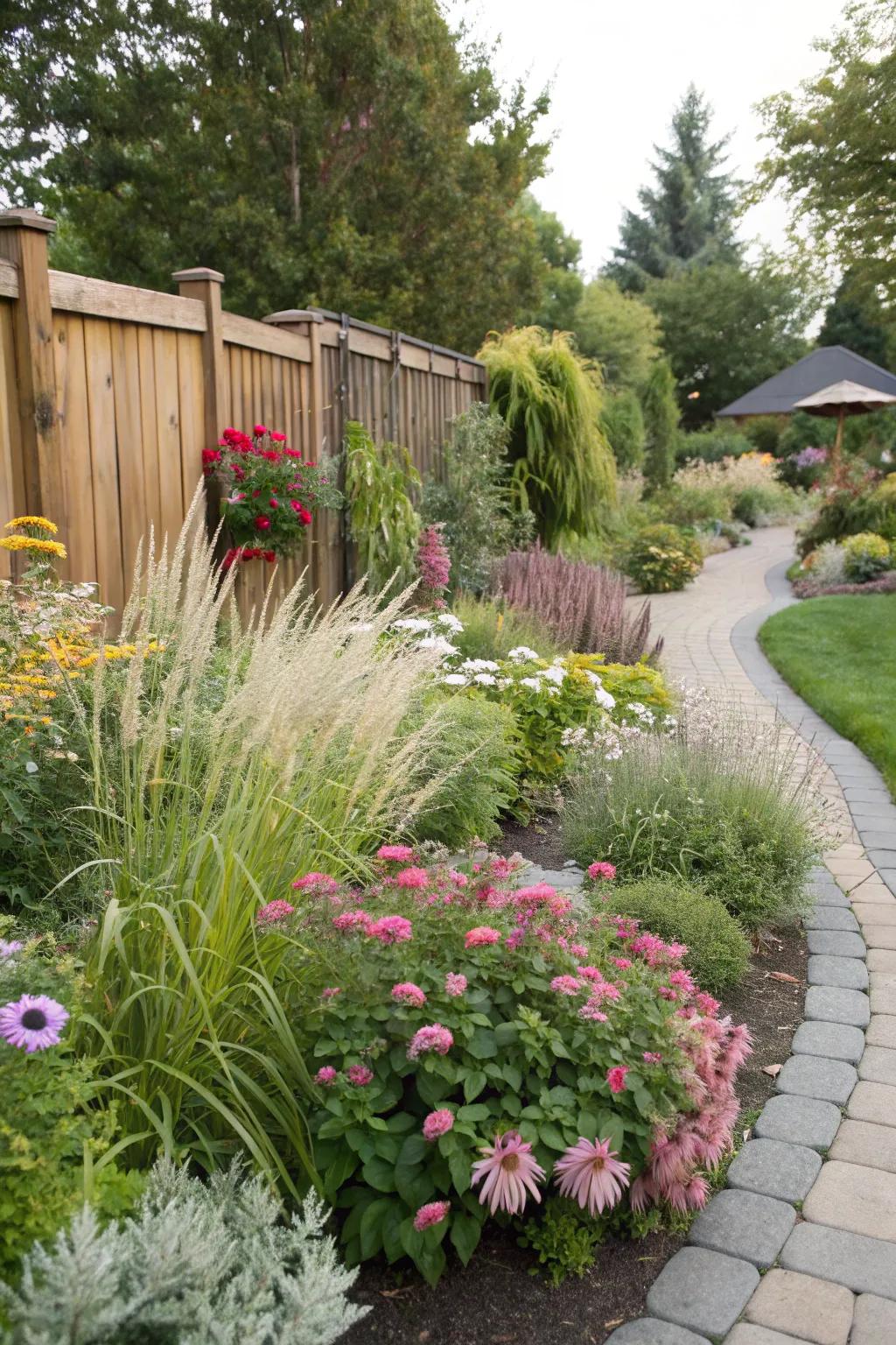 A flourishing garden bed featuring diverse plantings for easy care.