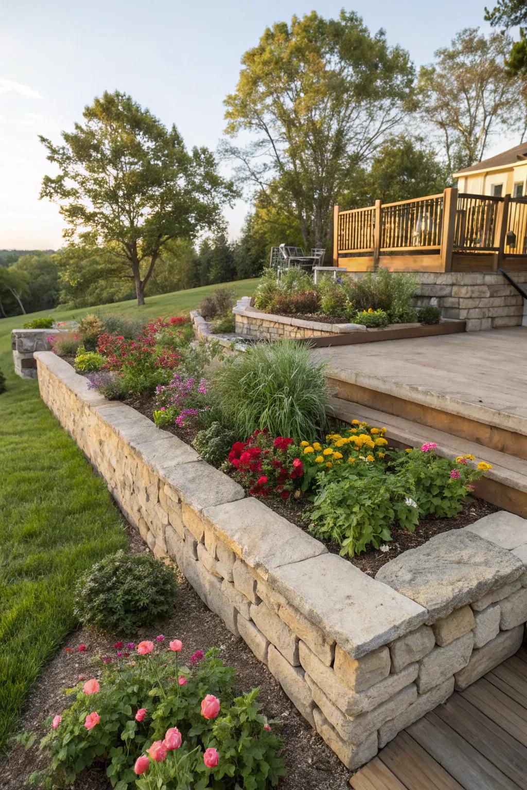 Green spaces featuring stone bordering bordering an elevated deck.