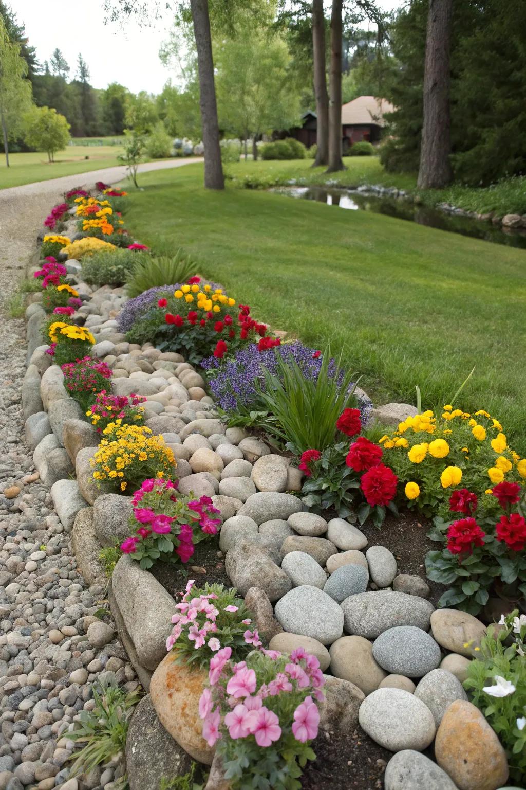 Enhance your garden beds with stylish borders of river stones.
