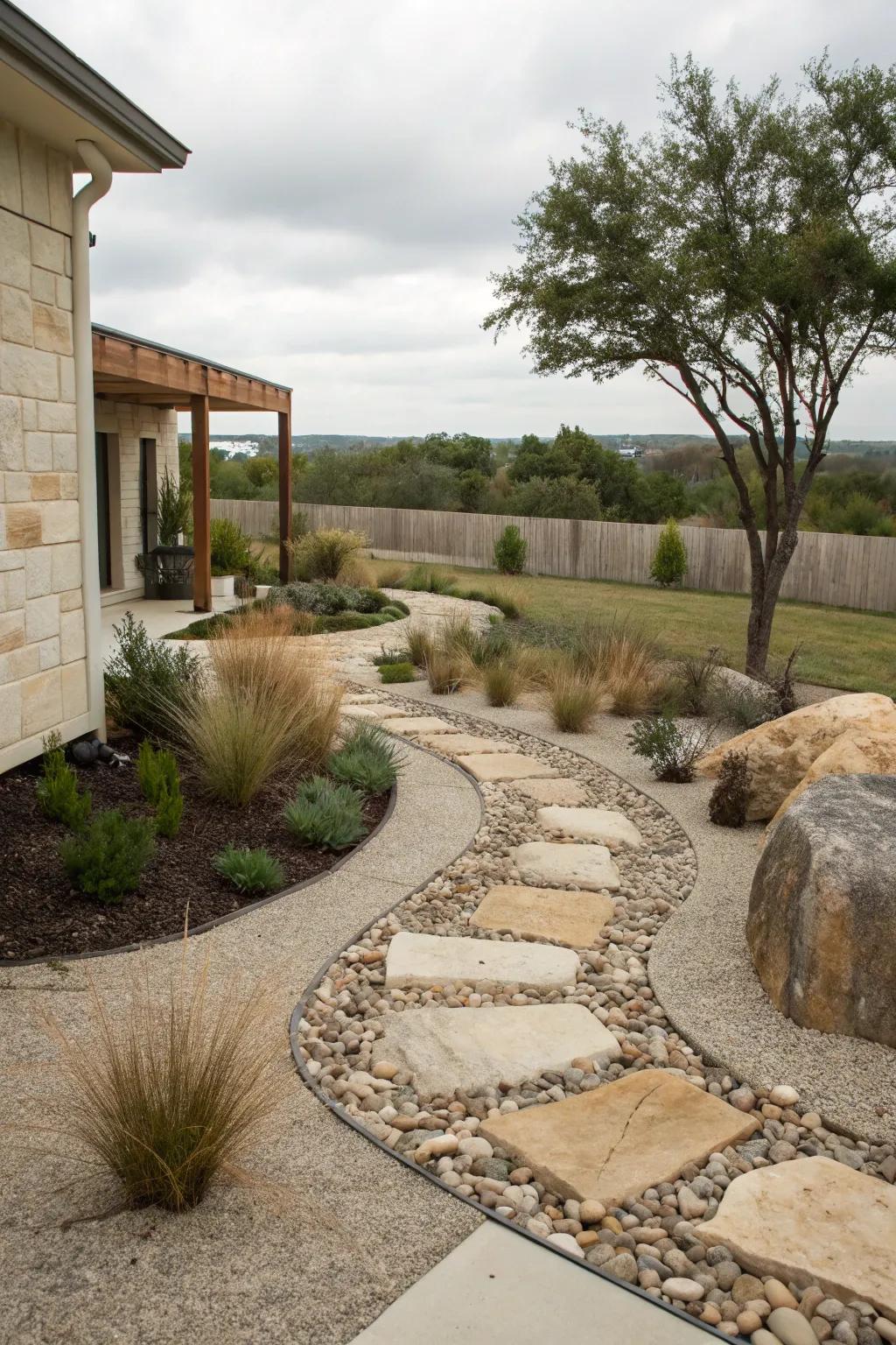 Gardens with gravel and rocks are a stylish substitute for conventional lawns.