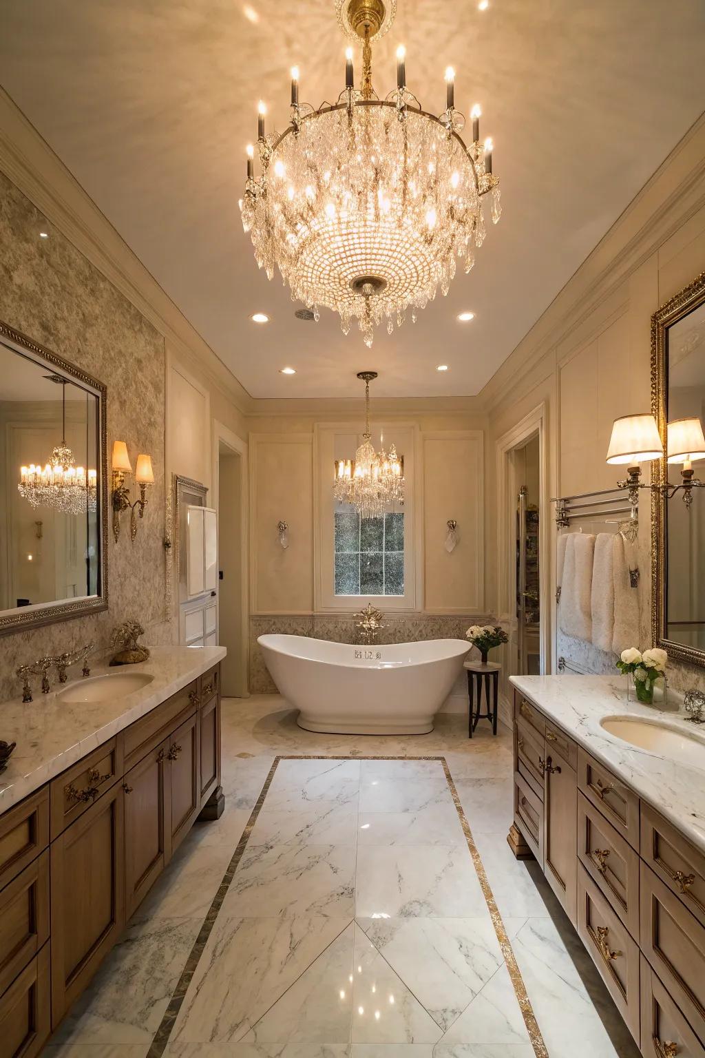 Chandeliers bring beauty and a hint of grandeur to any bathroom.