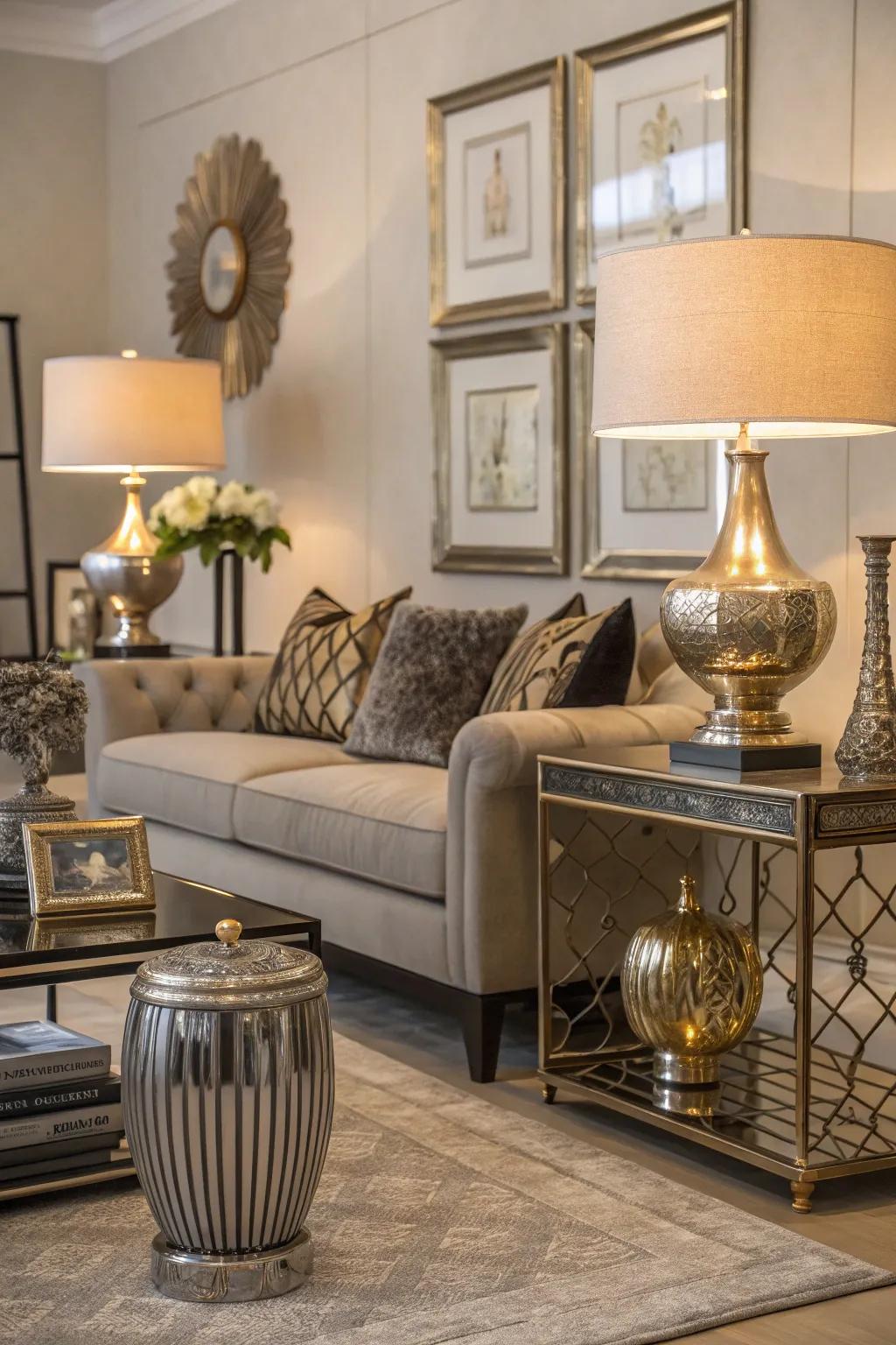 Shining metallic elements add a hint of glamor to this living space.