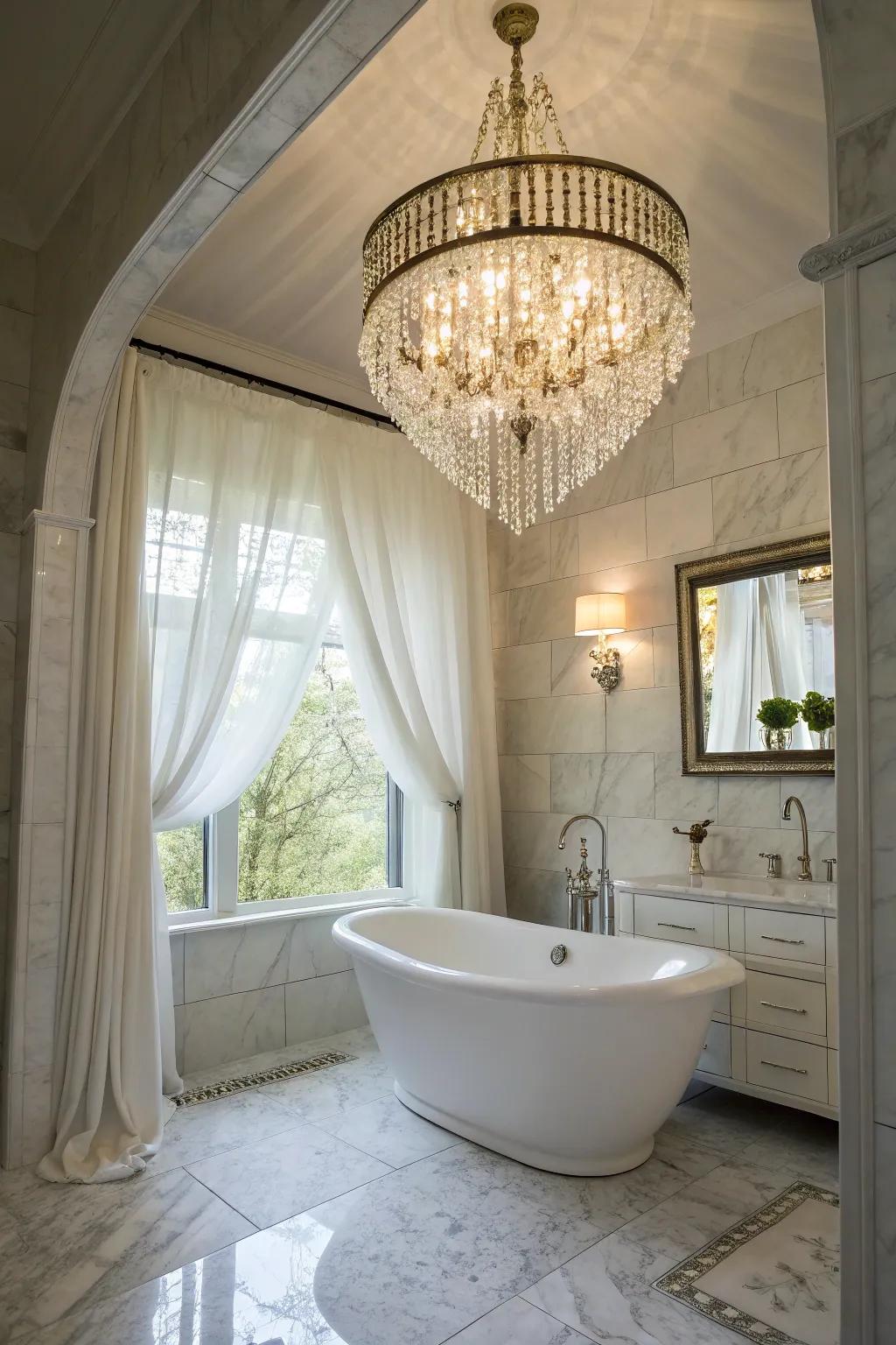 Crystal chandelier imbuing elegance into a contemporary bathroom.