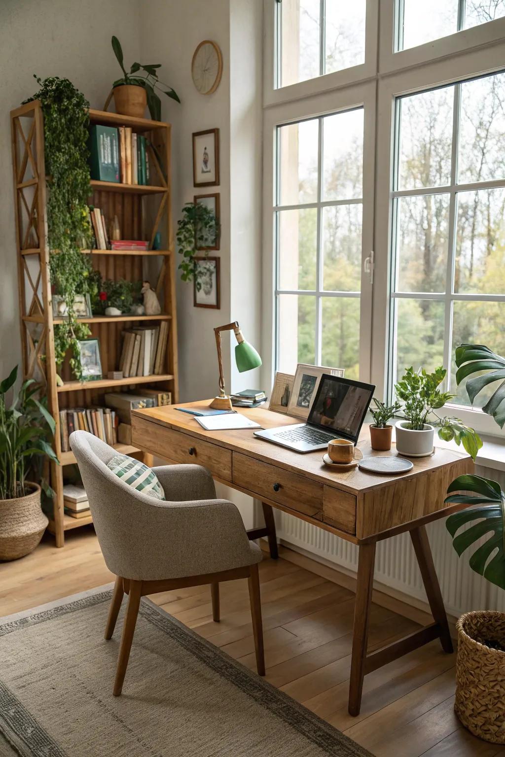 A bright home office filled with sunlight from large windows.