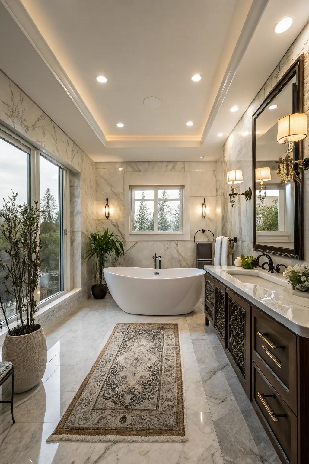 A modern master bathroom featuring a freestanding bathtub as the central feature.