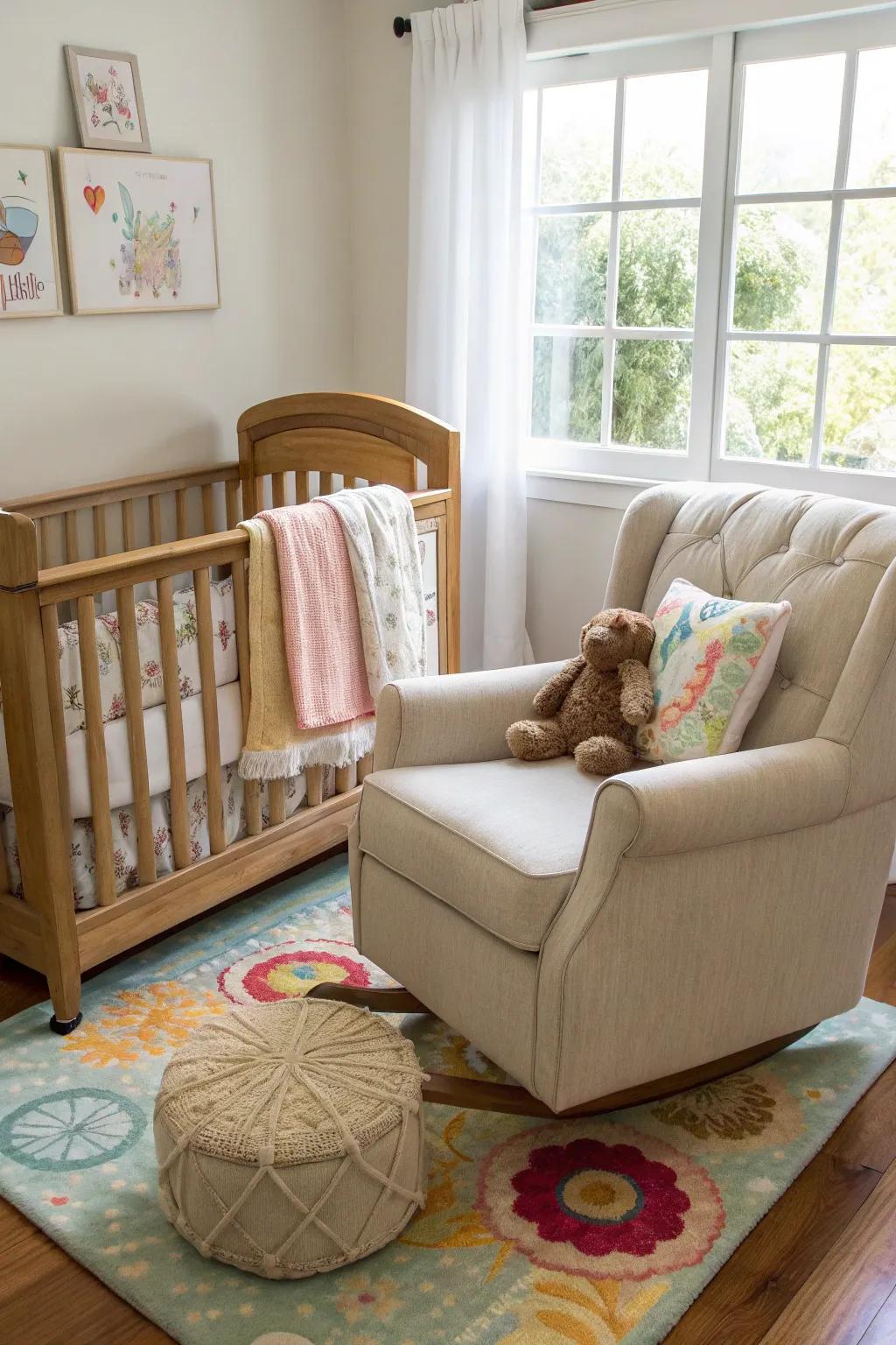 A fancy nursery with a lovely wooden crib and a soft chair for feeding.