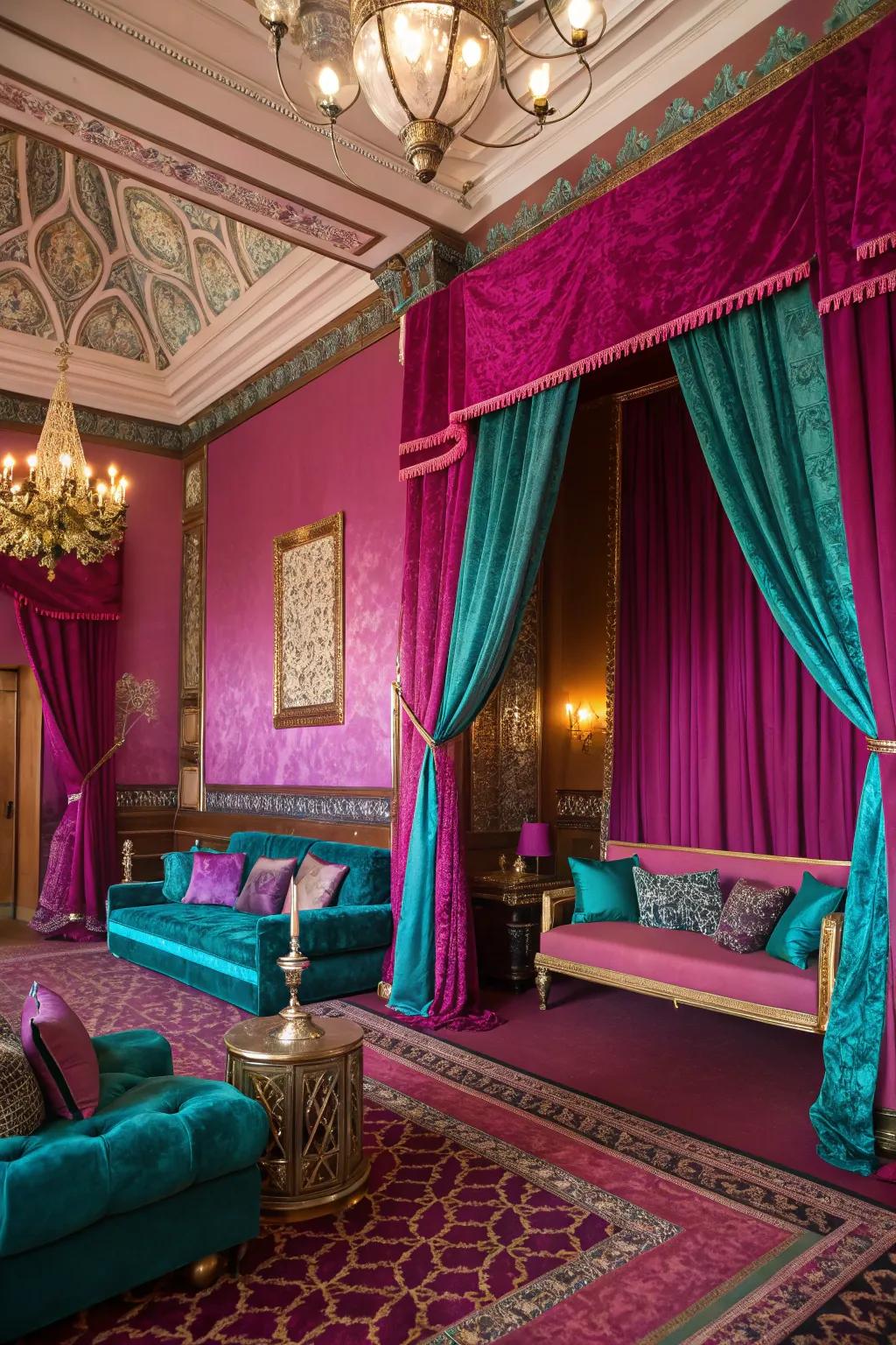 Fuchsia and gem hues create a luxurious and rich atmosphere.