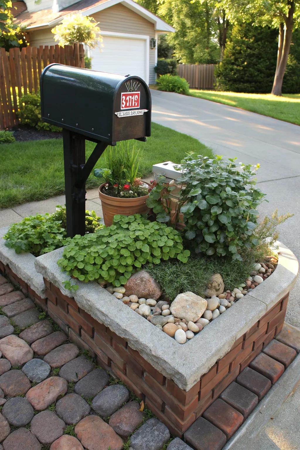Rock and brick border imparts structure and sophistication to a mailbox planter.