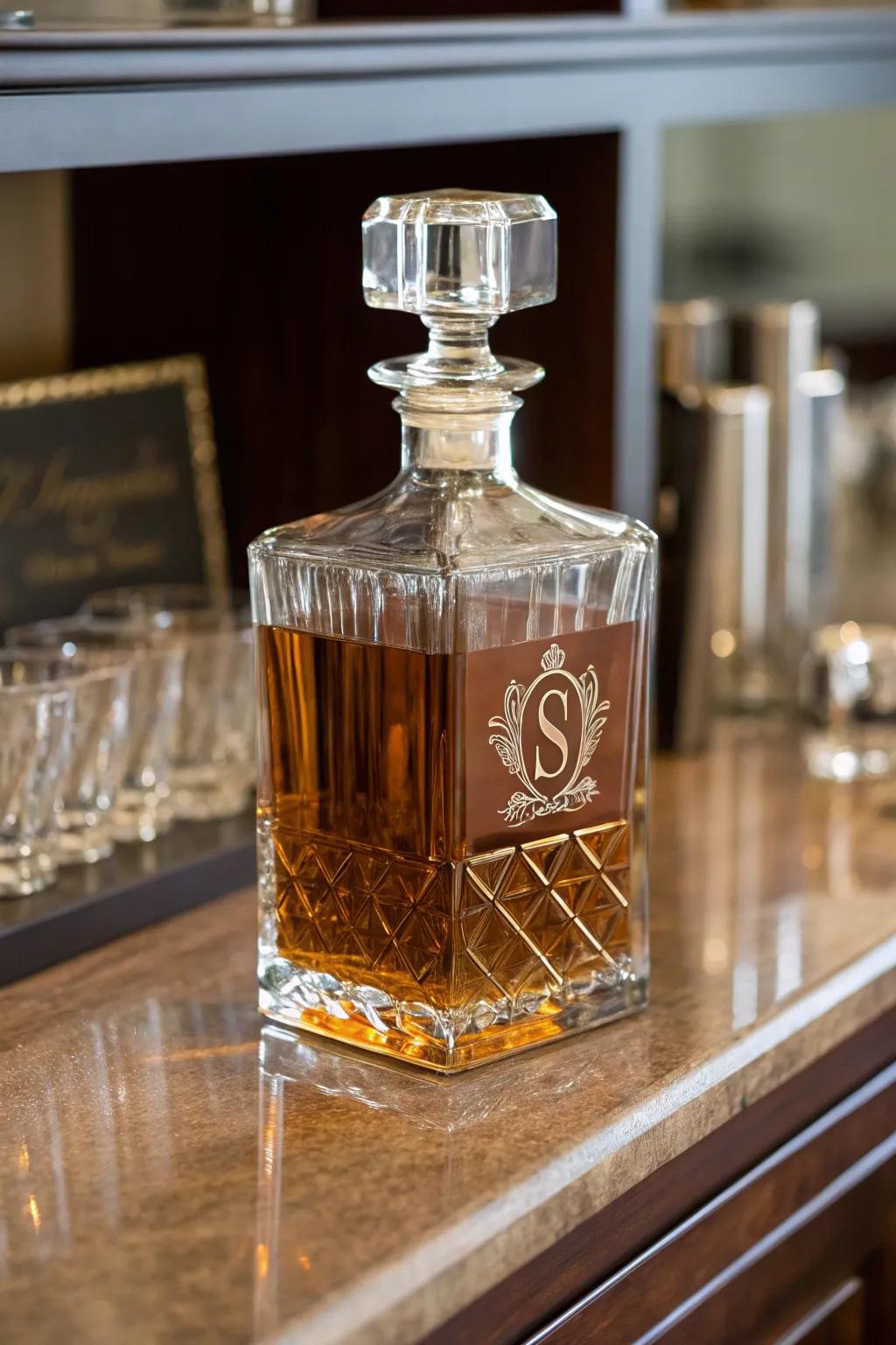A personalized whiskey decanter introduces a hint of elegance.