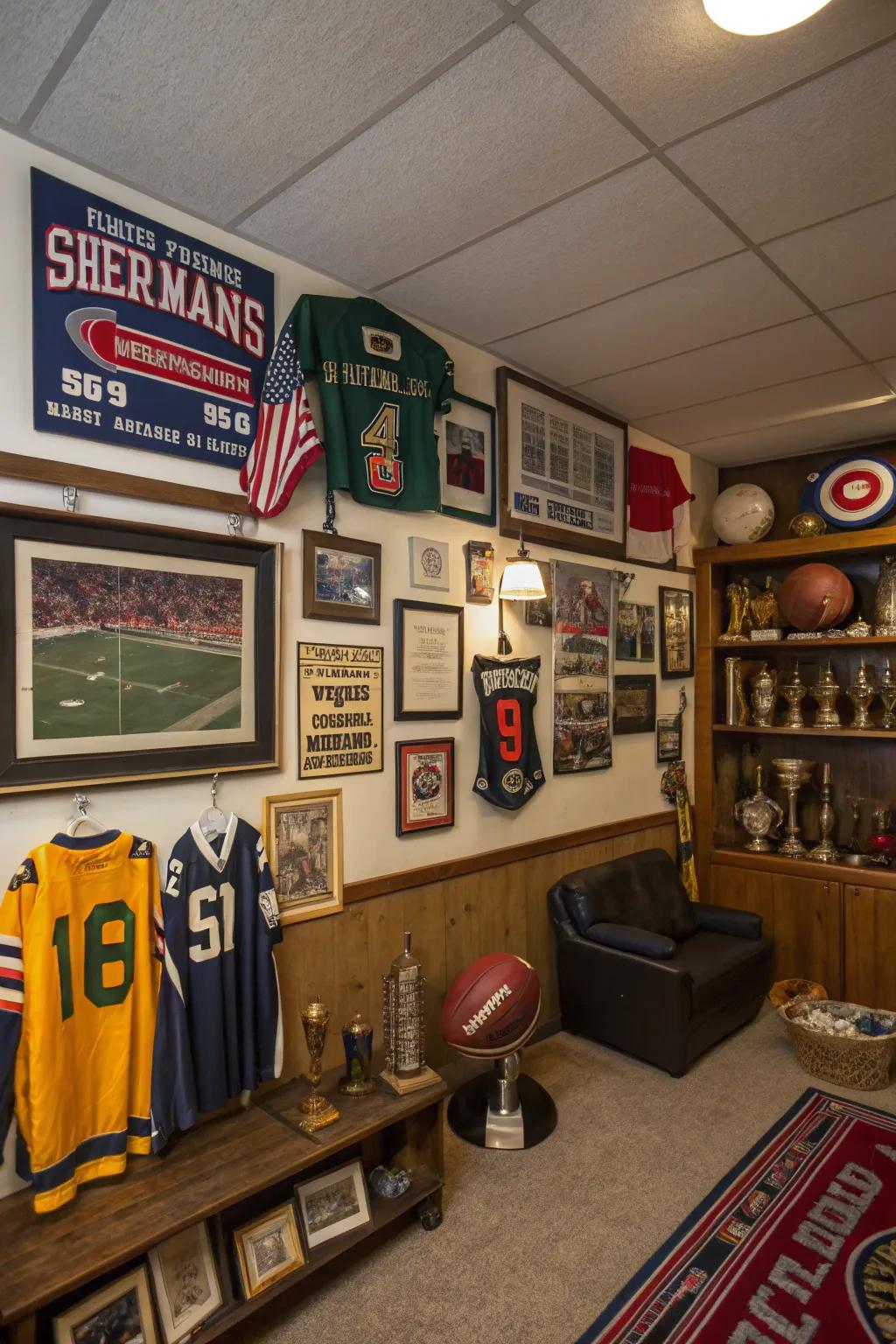 Individualized thematic embellishments displayed within a man cave.