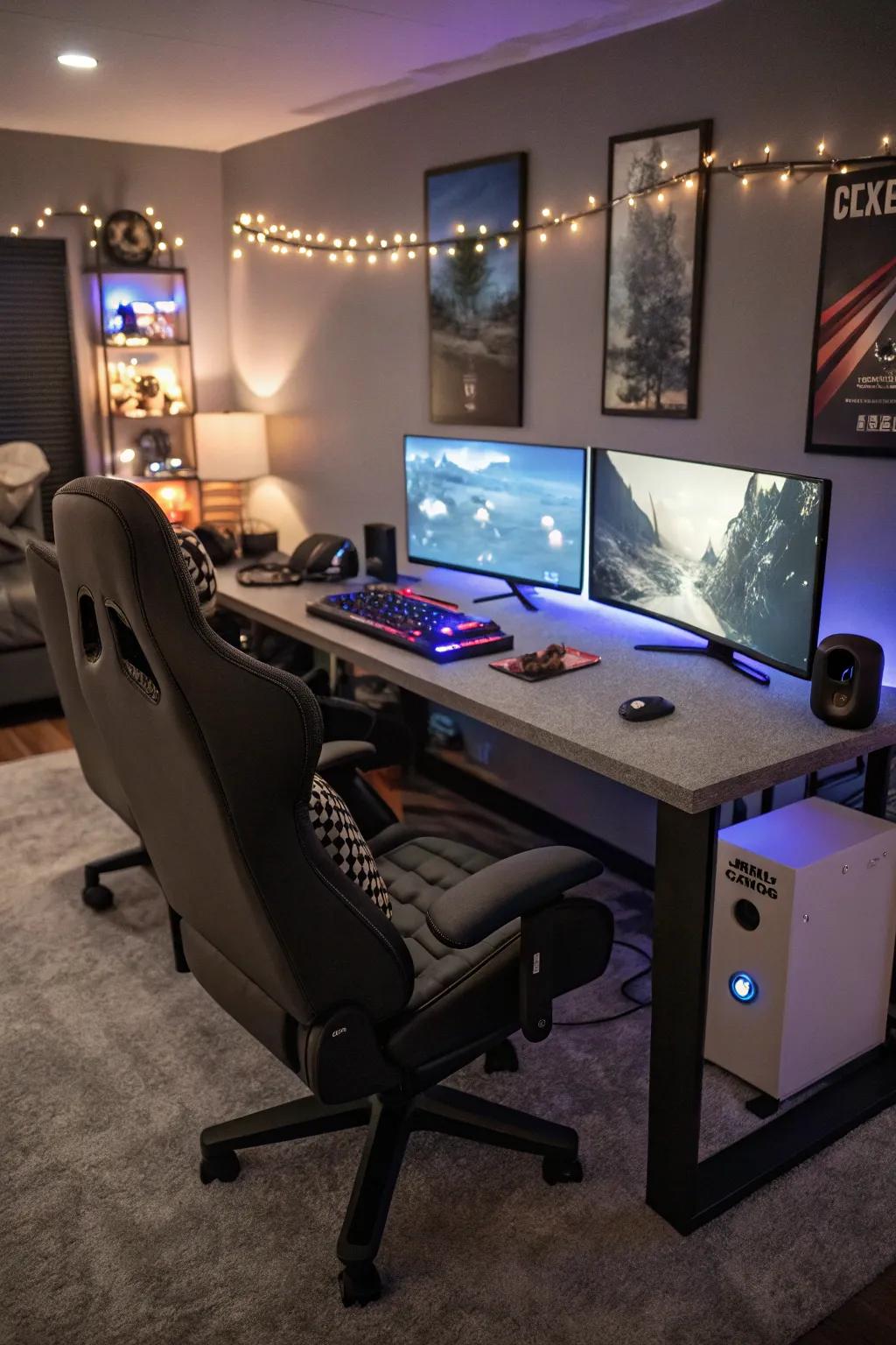 A gaming paradise boasting ergonomic seating and multiple screens.