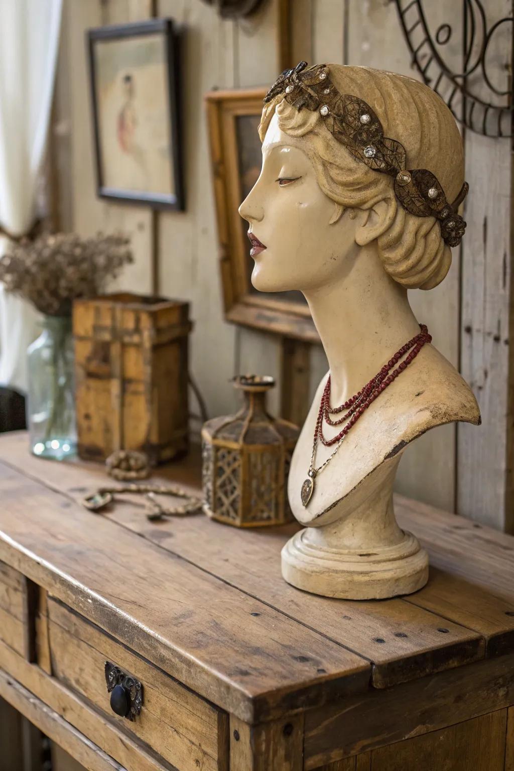 Vintage touches lend a nostalgic charm to mannequin head artistry.