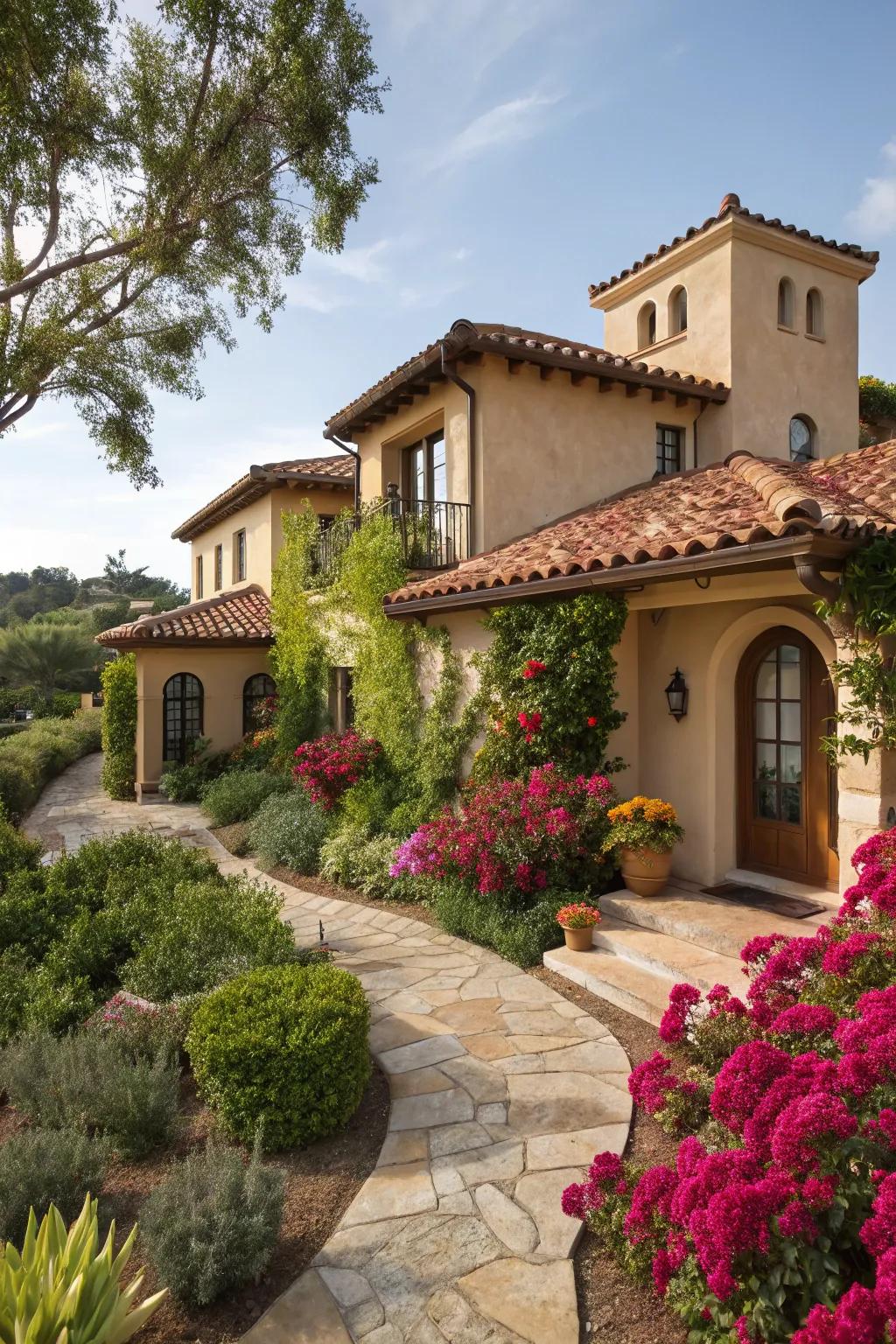 Barrel tiles infuse this mansard roof with a Mediterranean vibe.