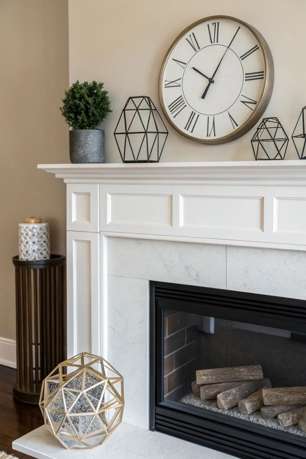 A minimalist approach featuring a sleek clock and geometric accents.