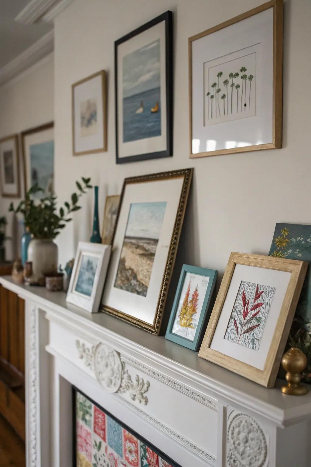 A variety of artwork adds a personal and dynamic touch to this mantel.