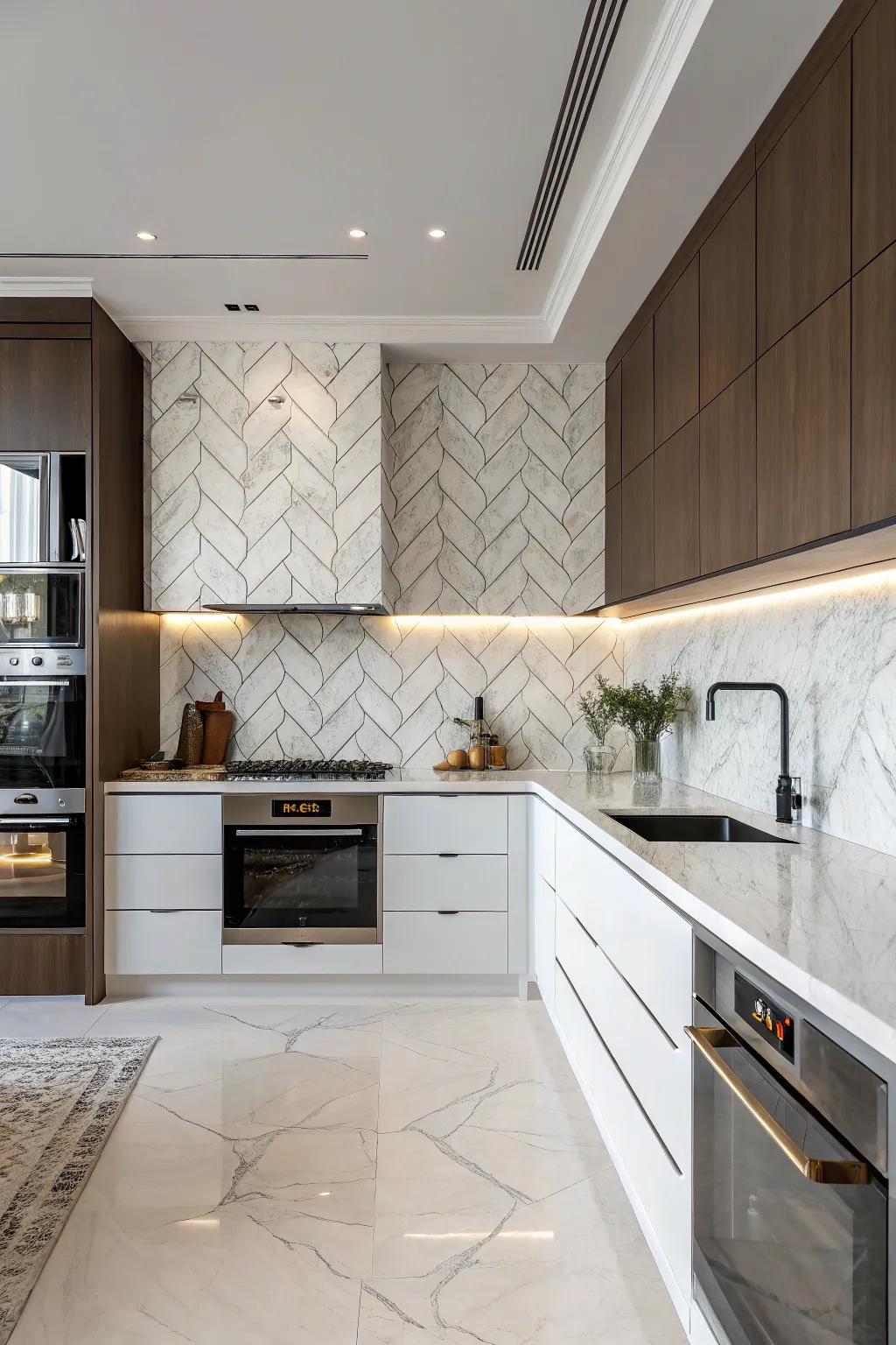 Elegant herringbone pattern marble backsplash in a modern kitchen design.