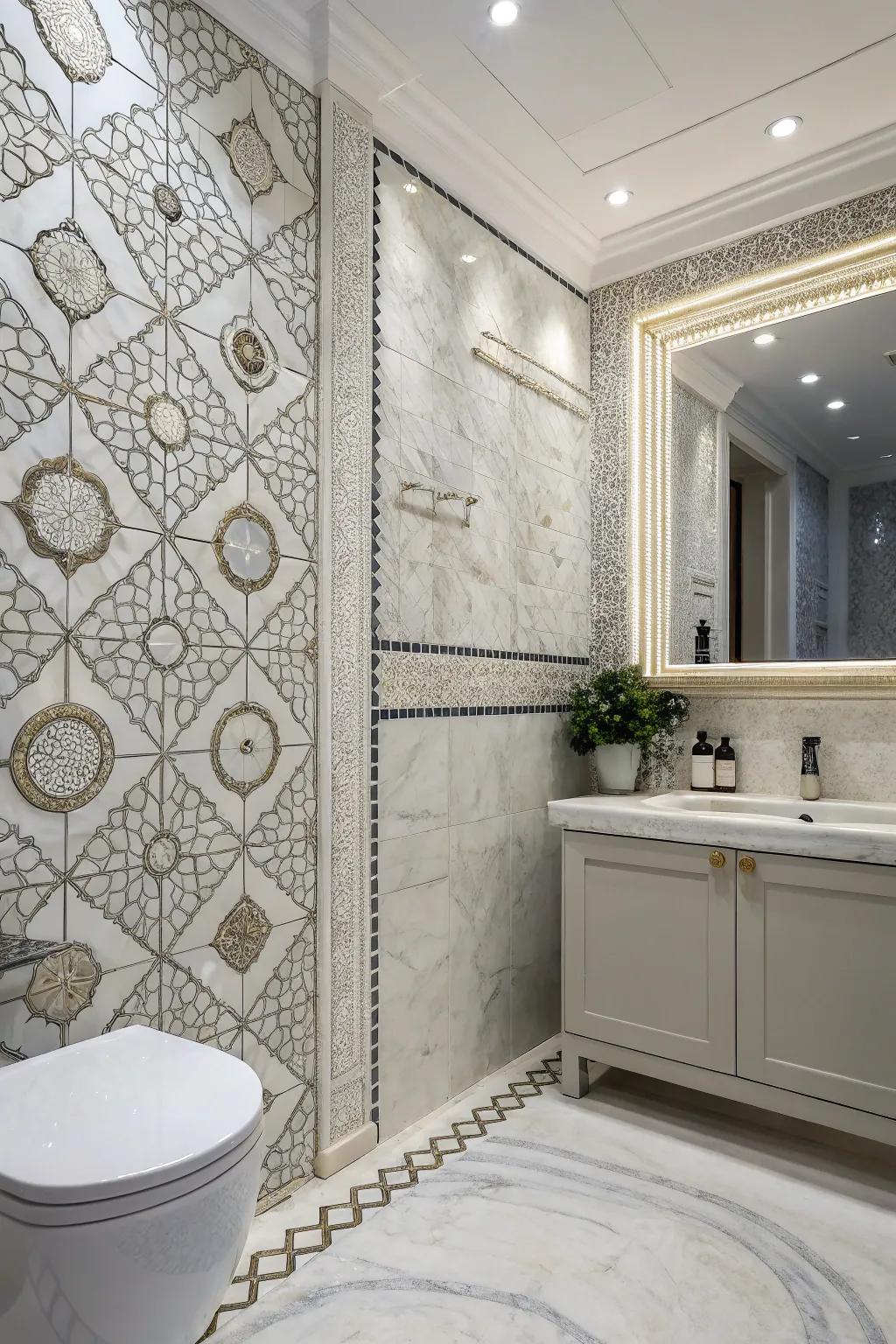 Detailed marble pixels bring character and flair to this bathroom.