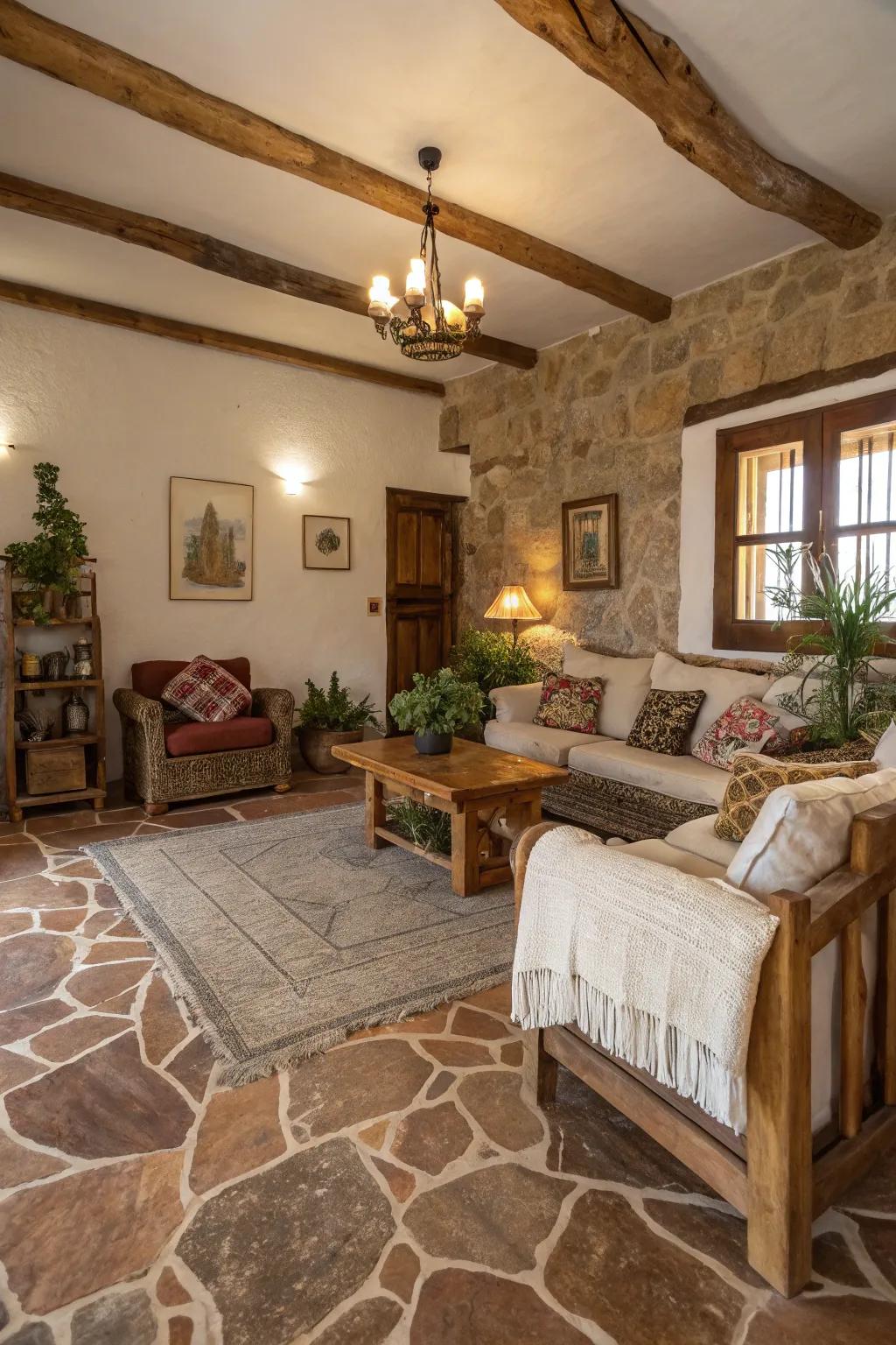 Earth-toned stone adds warmth and rustic charm.