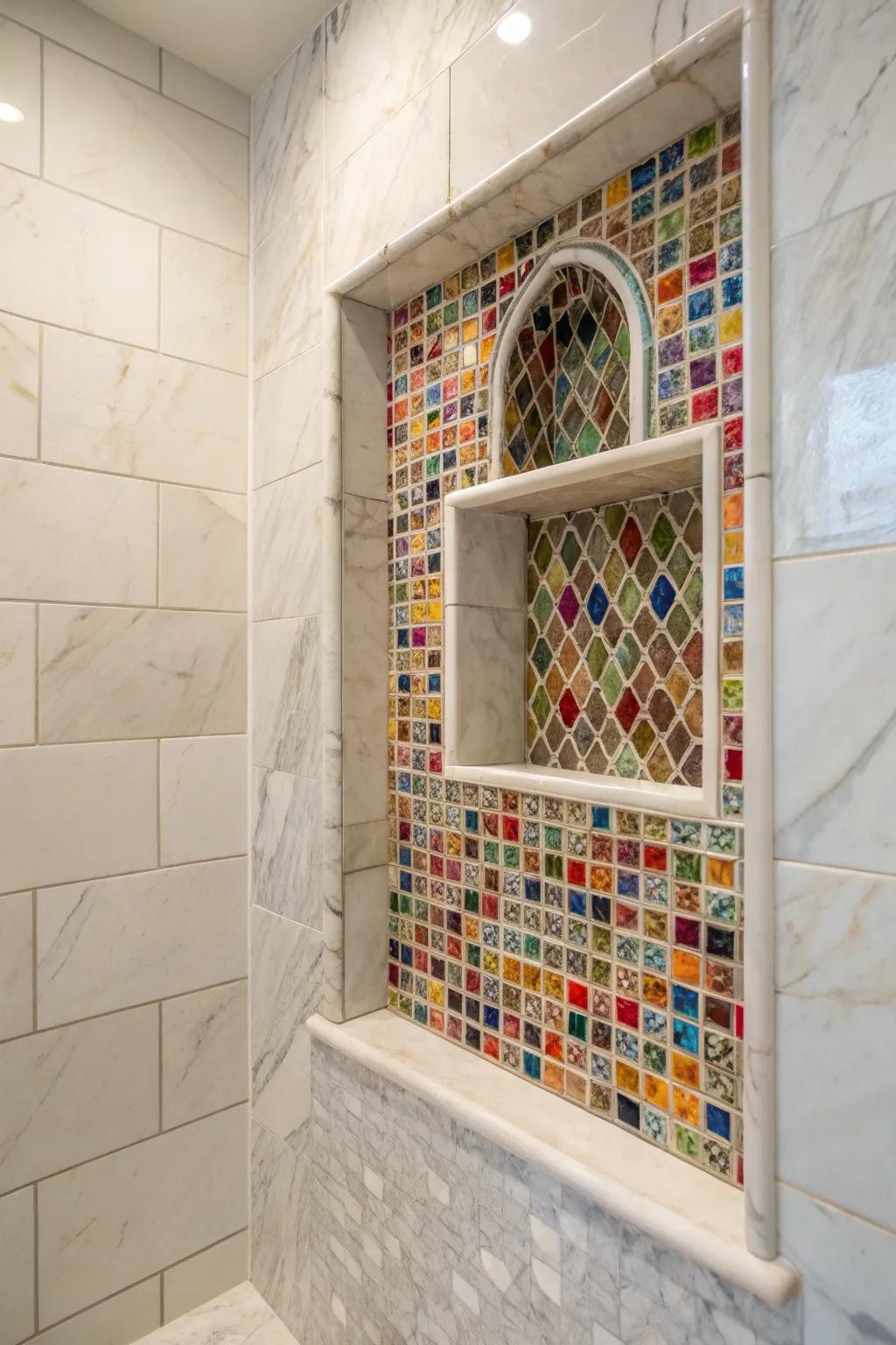 Mosaic tiles within a marble niche turn the area into a stunning art piece.