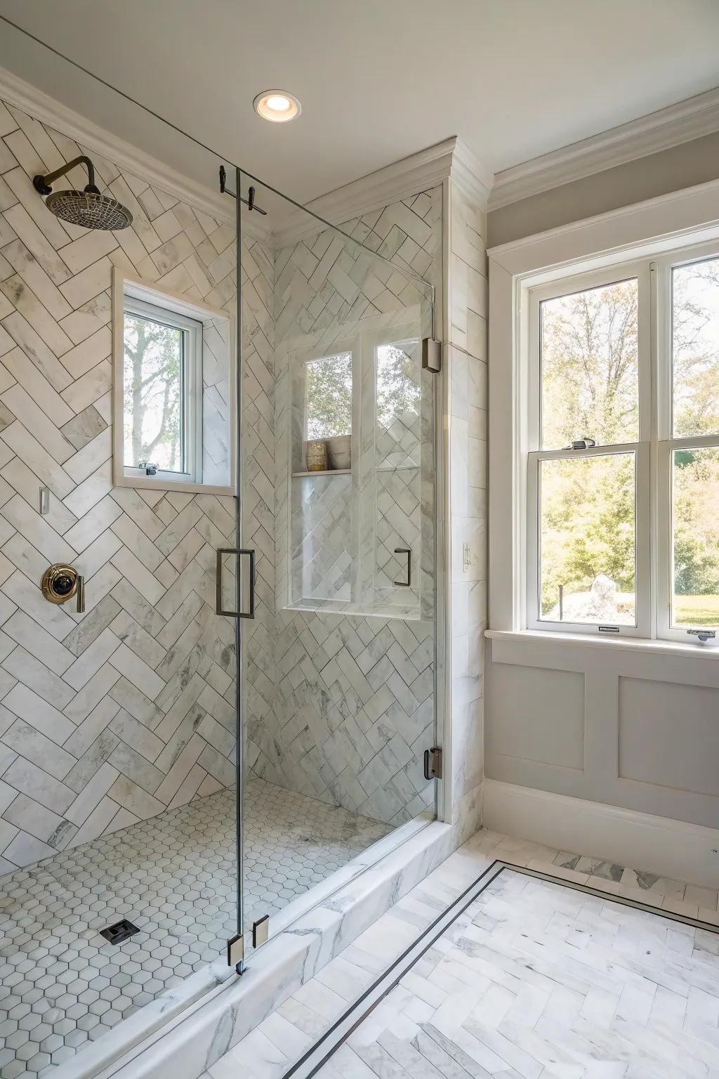 Herringbone patterns add dynamic elegance to your shower.