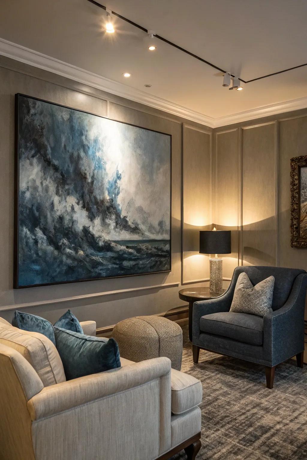 A large abstract artwork adds mystery and personality to the den.
